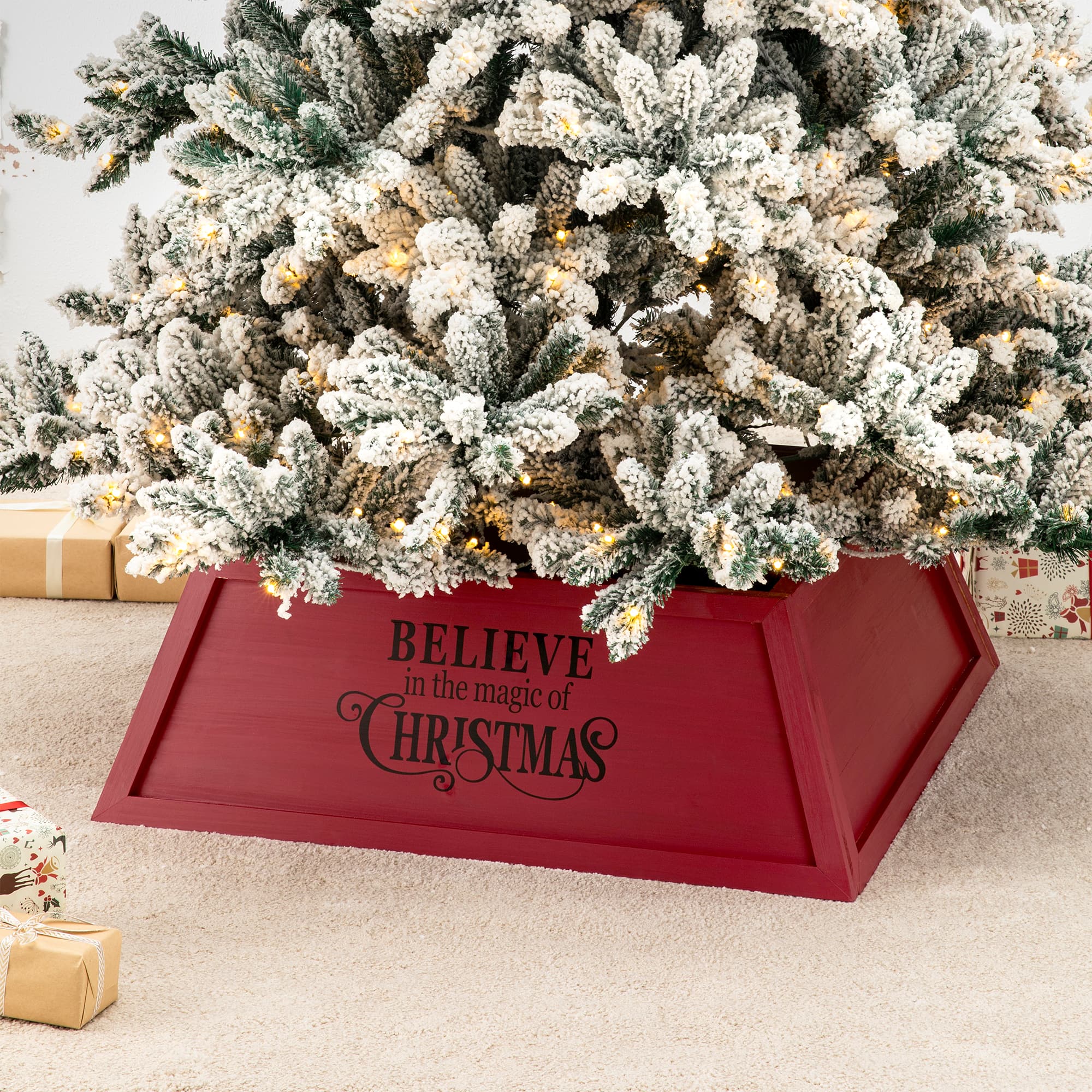 Glitzhome® 32" Red Trapezoid Believe in the Magic Christmas Tree Collar Tree Skirts, Stands