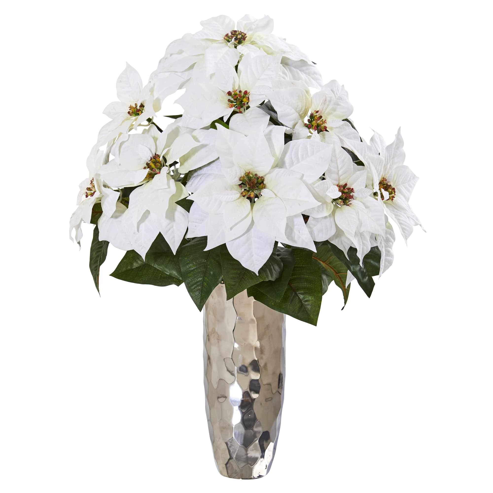 27" White Poinsettia Arrangement in Silver Cylinder Vase