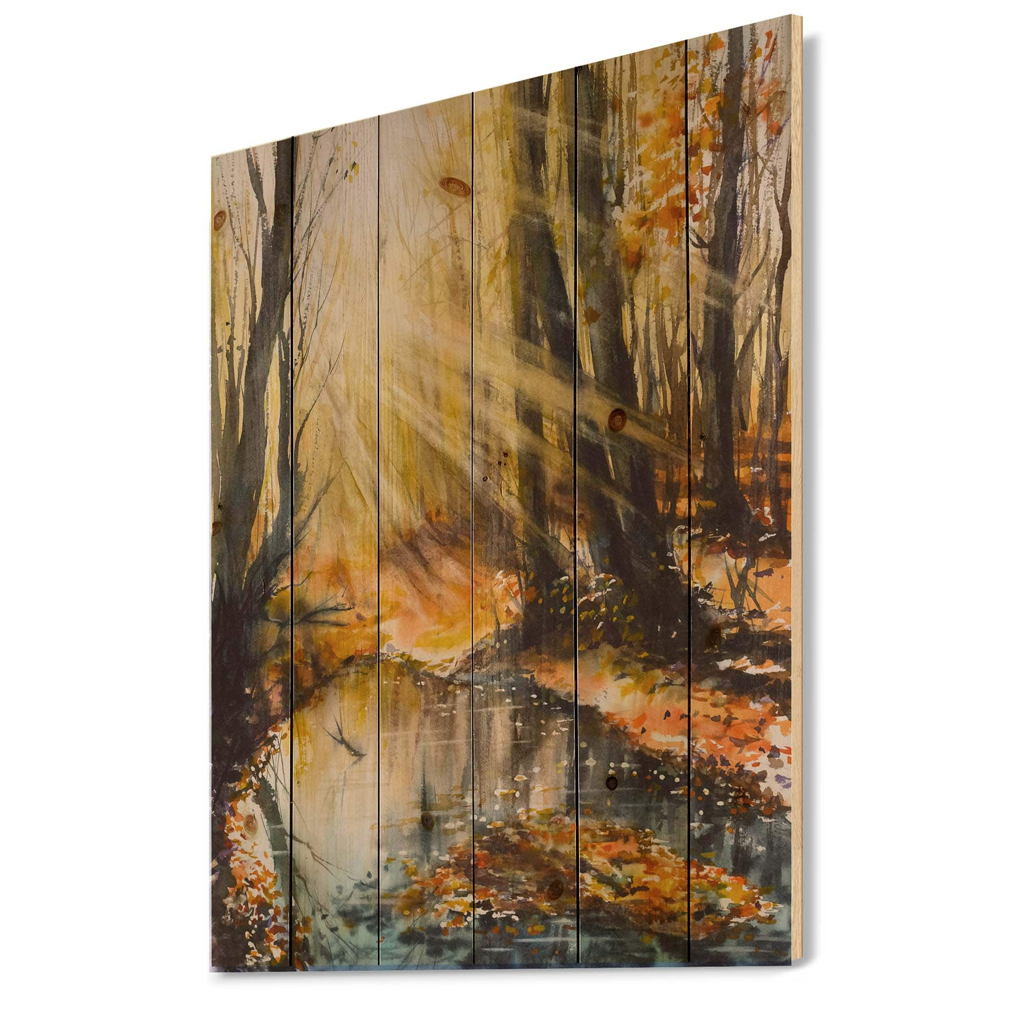 Designart - Bright Sunshine Through The Forest Trees III - Lake House Print on Natural Pine Wood