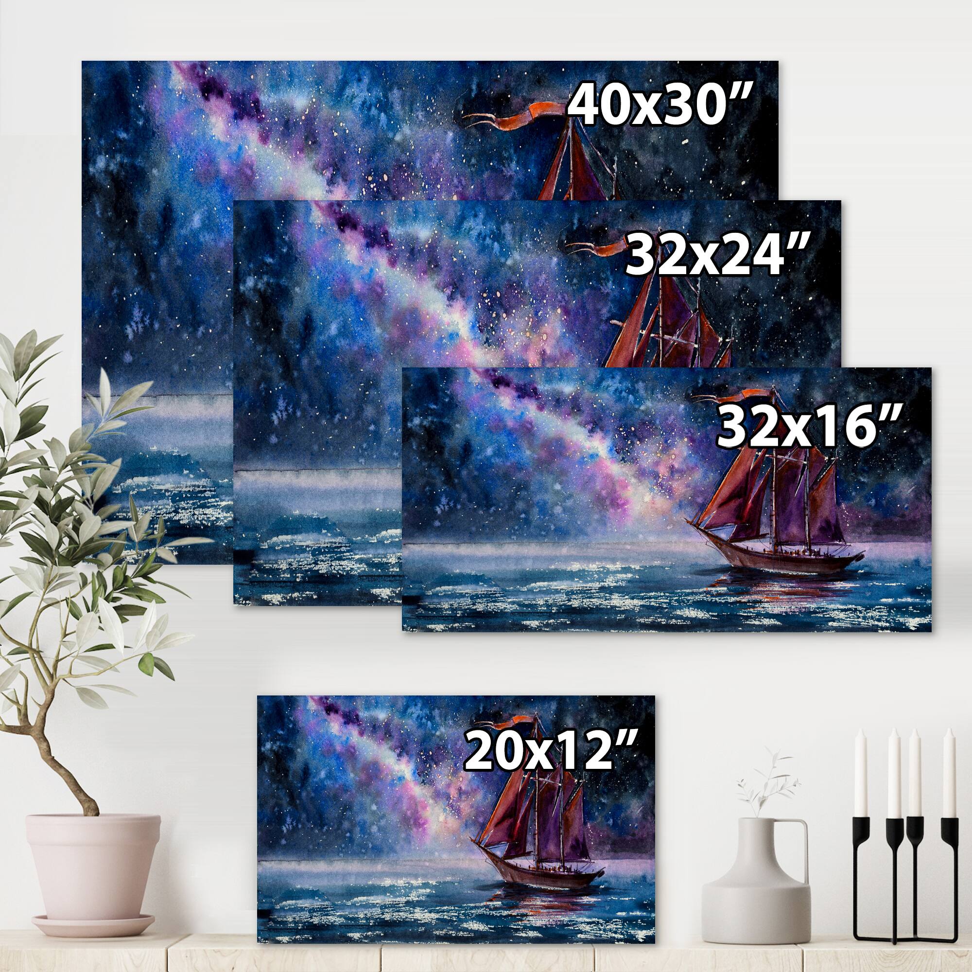 Designart - Wooden Sailboat With Red Sails &#x26; Bright Night Sky - Nautical &#x26; Coastal Canvas Wall Art Print