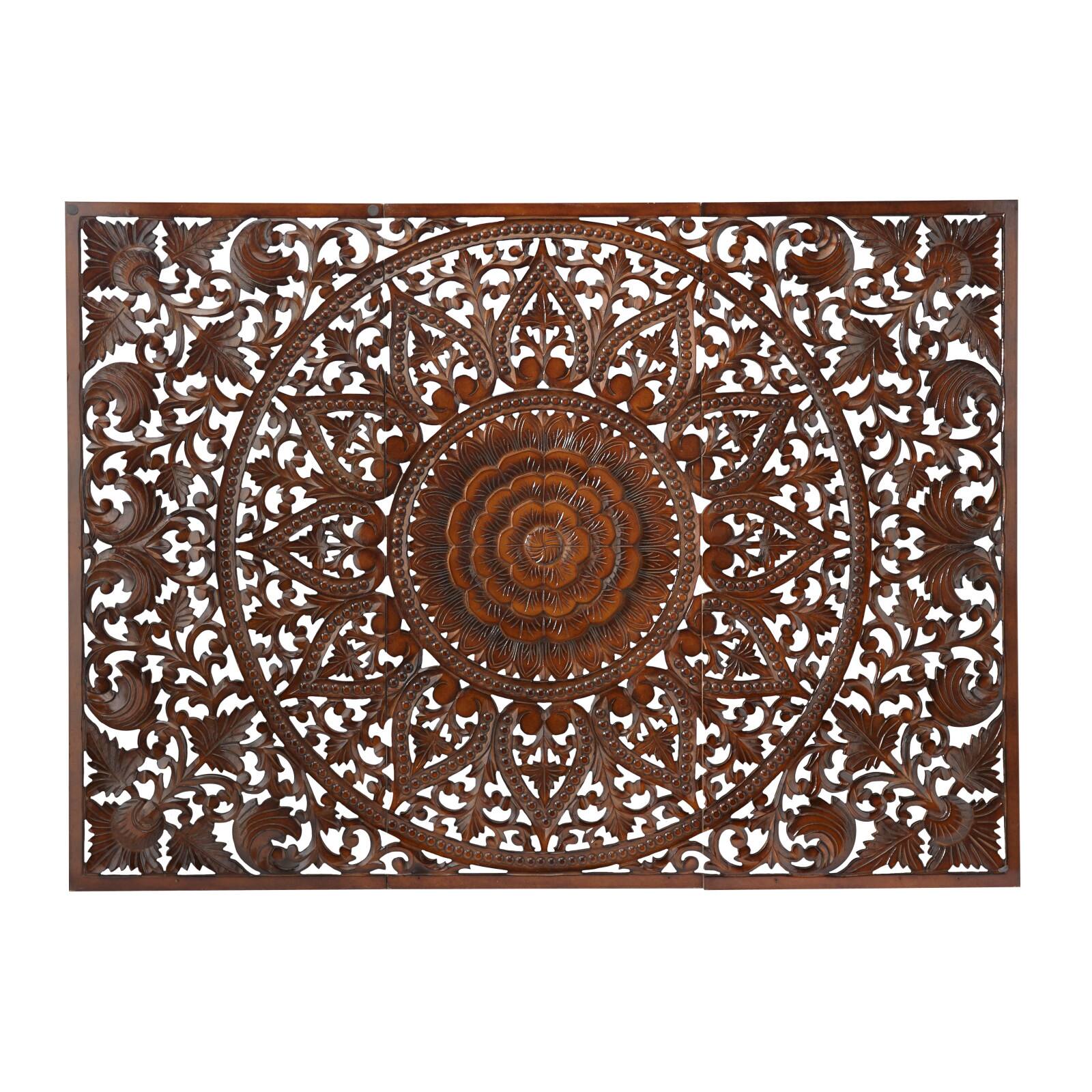 Brown Wood Handmade Intricately Carved Floral Wall Decor with Mandala Design Set of 3 22&#x22;, 48&#x22;