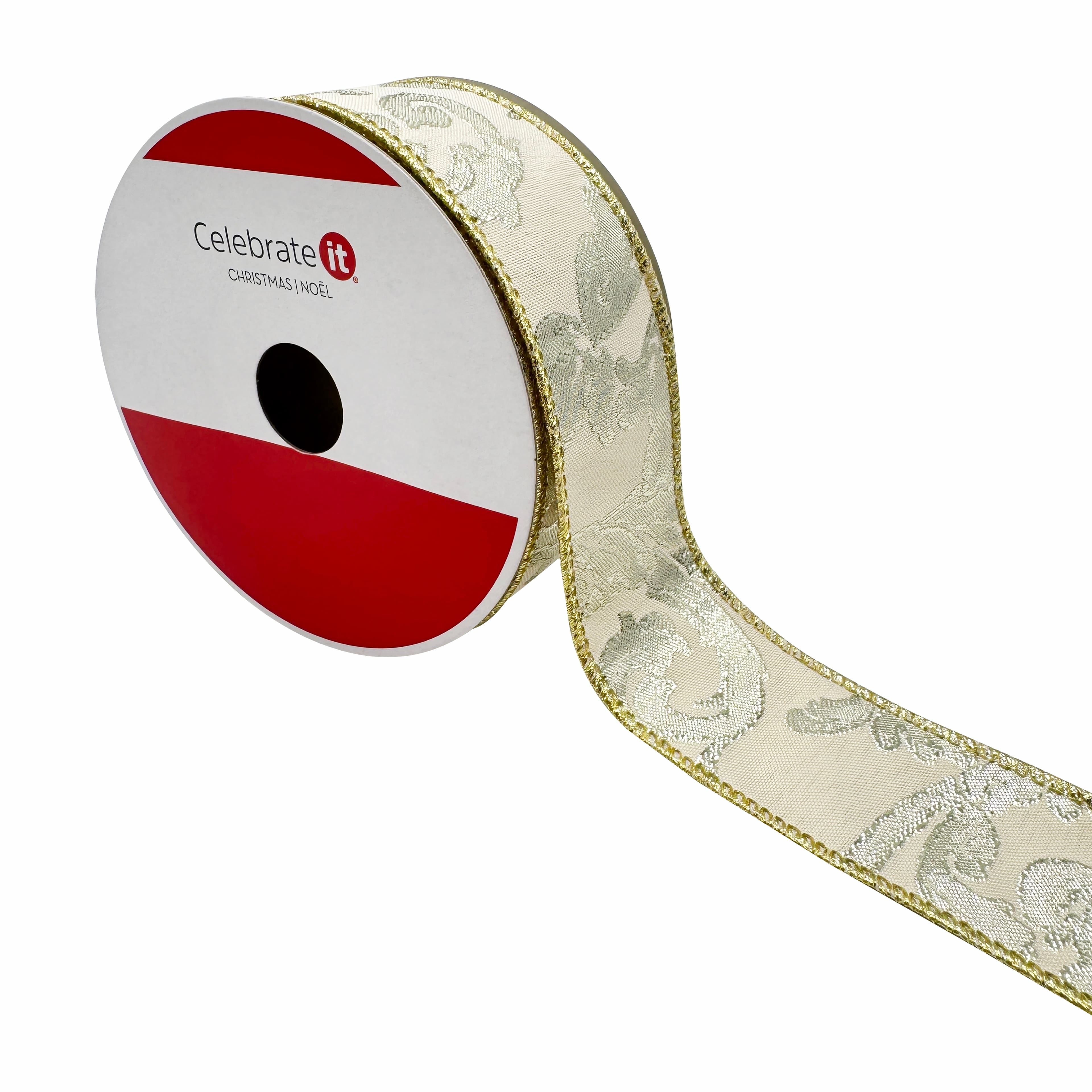 1.5&#x22; x 30ft. Cream &#x26; Silver Jacquard Scroll Wired Ribbon by Celebrate It&#xAE;