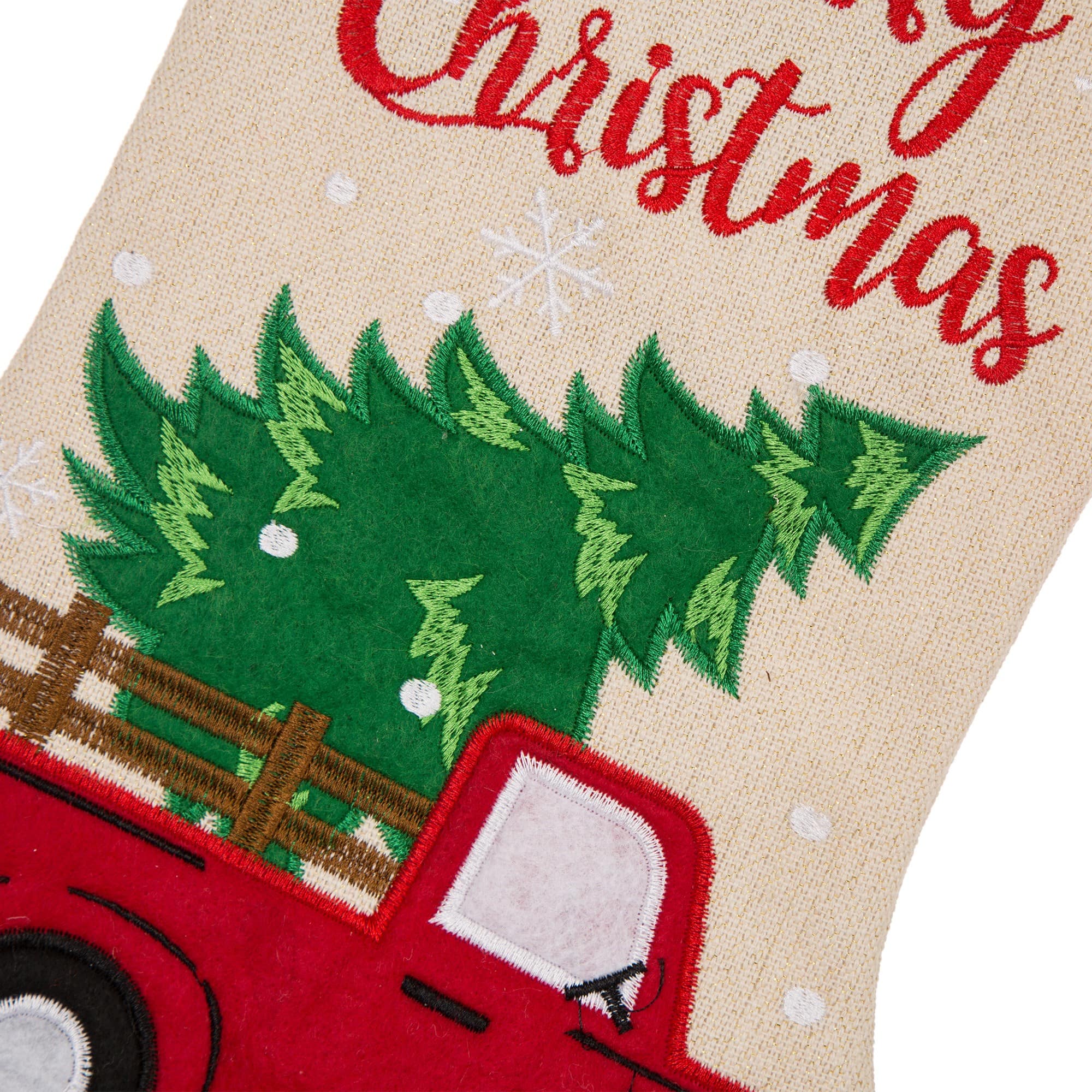 Glitzhome&#xAE; 21&#x22; Red Truck Embroidered Linen Stocking, Set Of 2
