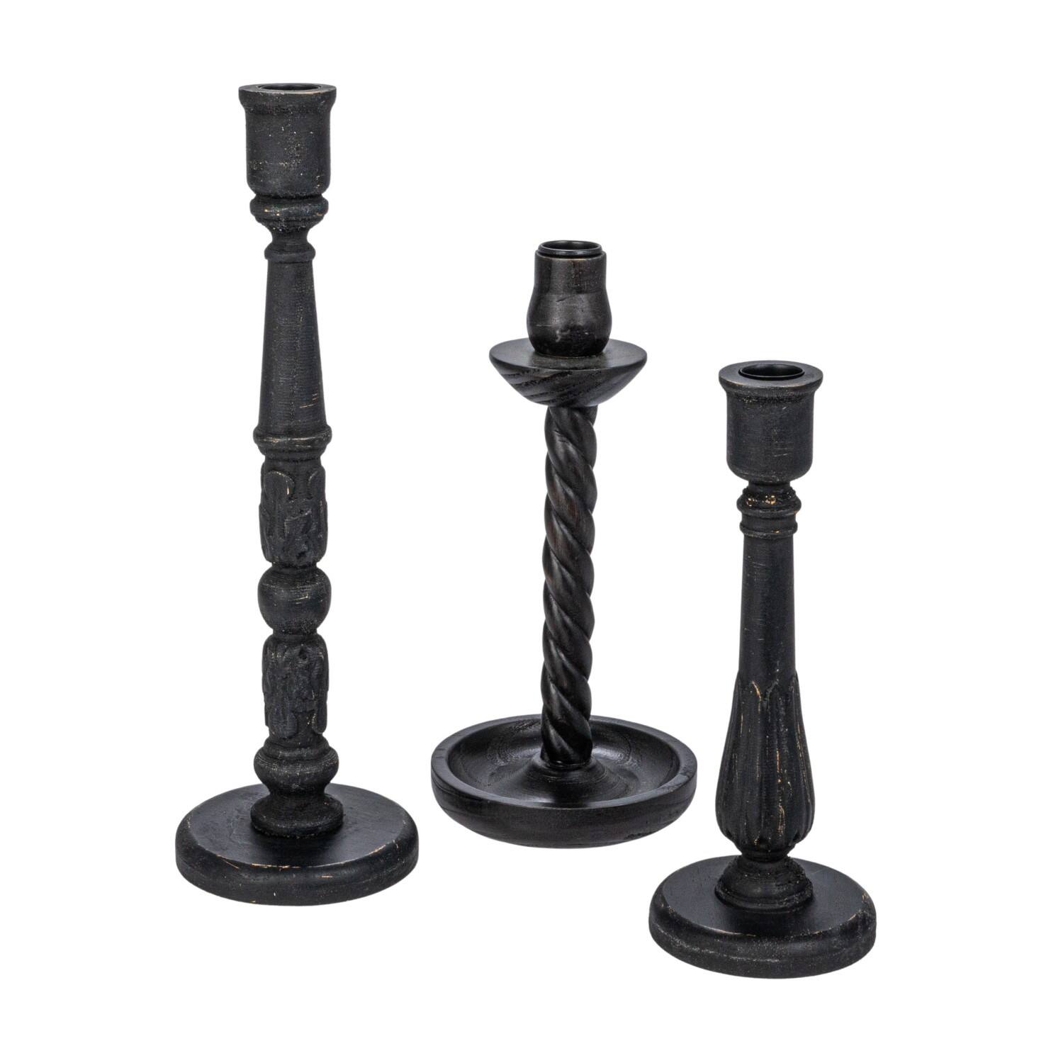 Hello Honey&#xAE; Round Black Wood Taper Candle Holder Set