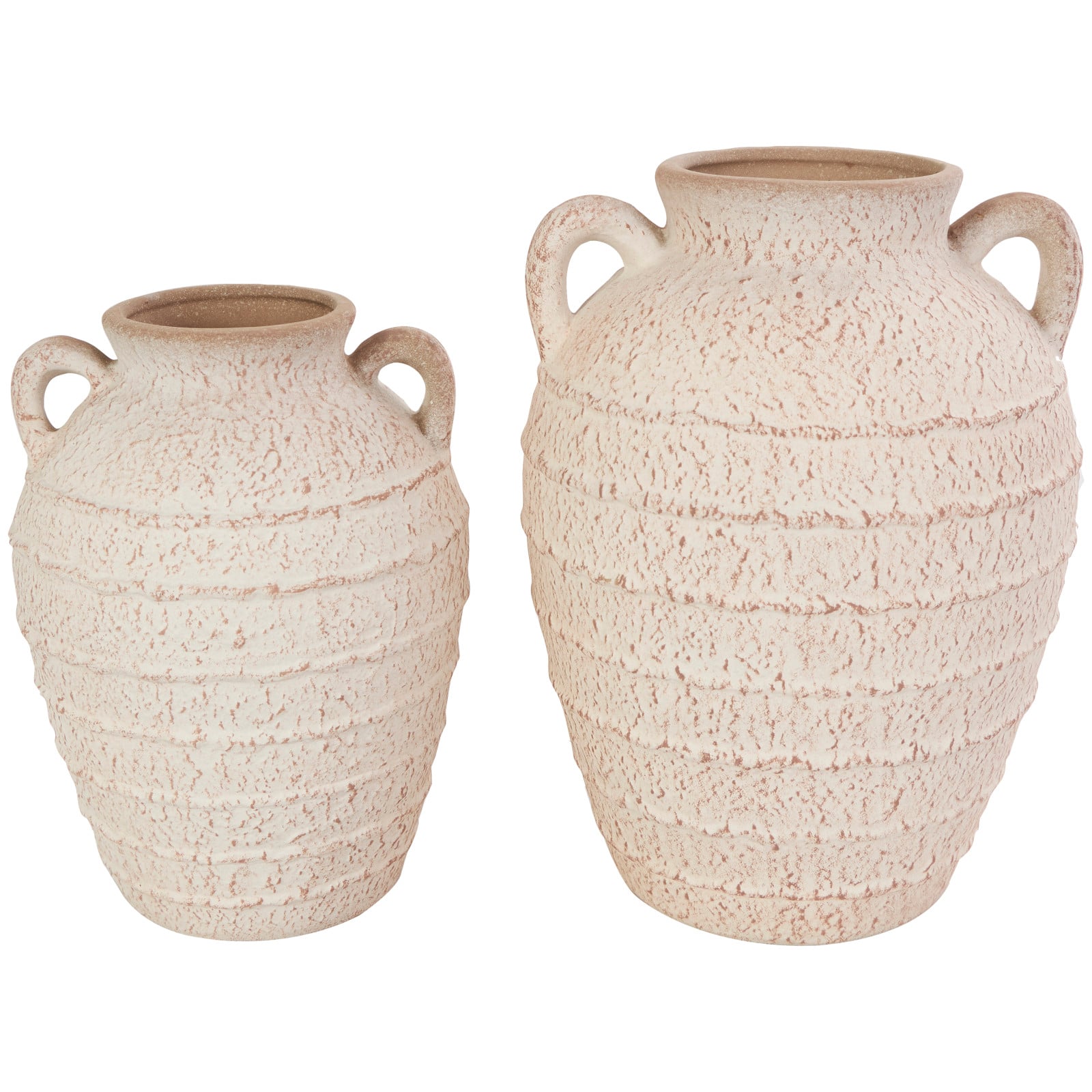 Cream Ceramic Textured Vase Set with Handles & Terra Cotta Accents