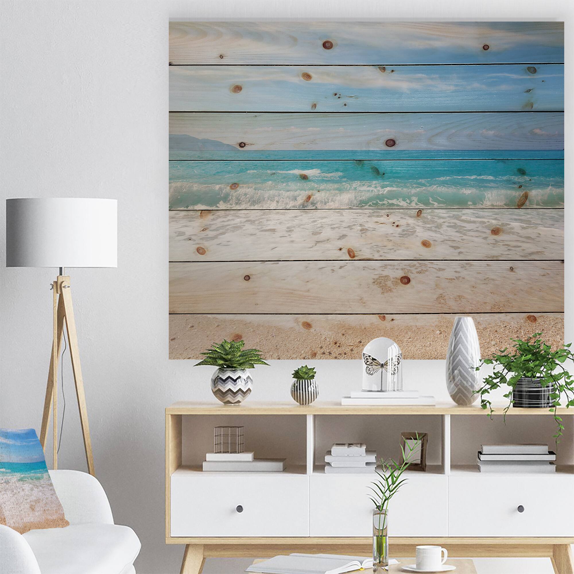Designart - White Waves Kissing Beach Sand - Seashore Print on Natural Pine Wood