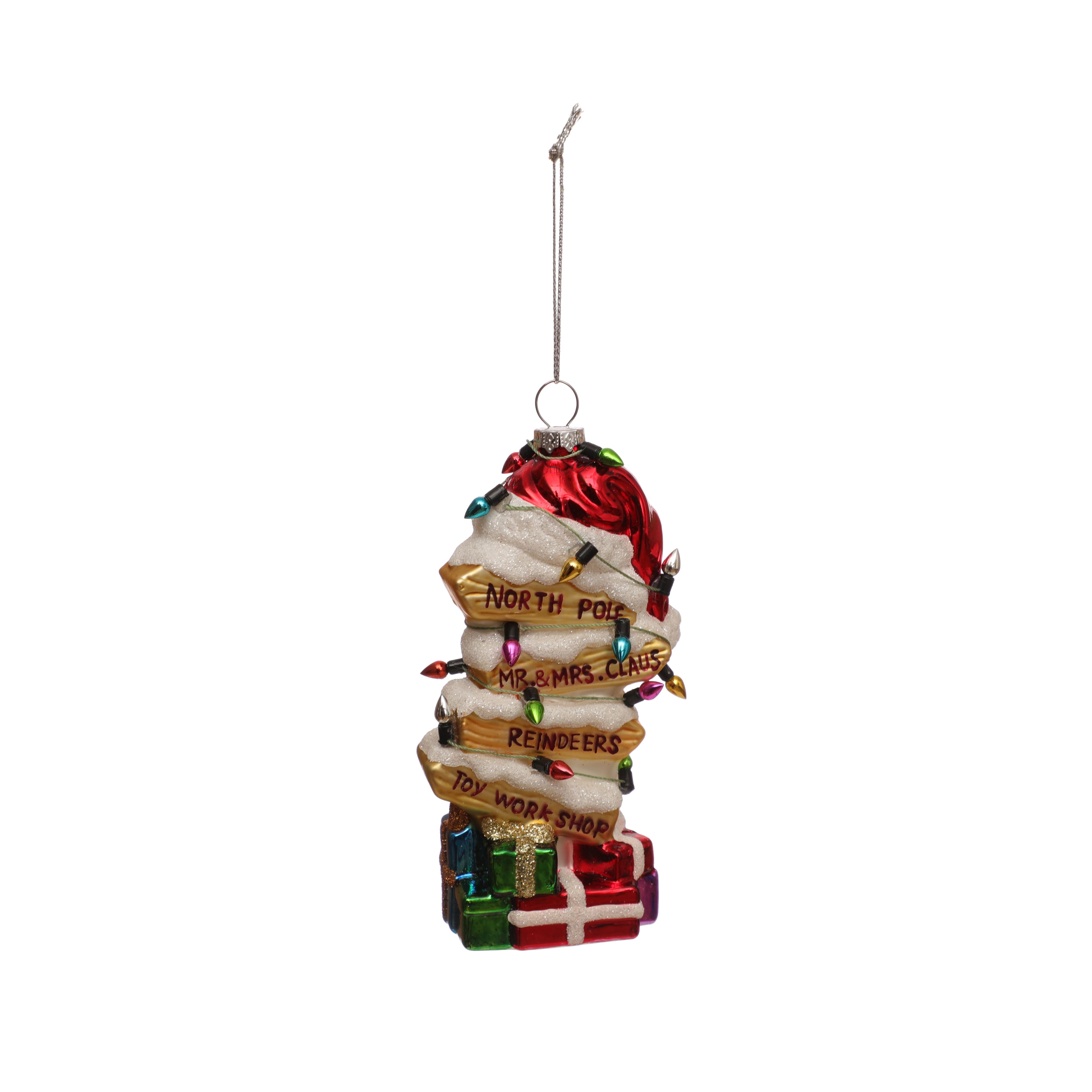 5.25&#x22; North Pole Sign with Presents &#x26; Santa Hat Glass Ornament by Ashland&#xAE;