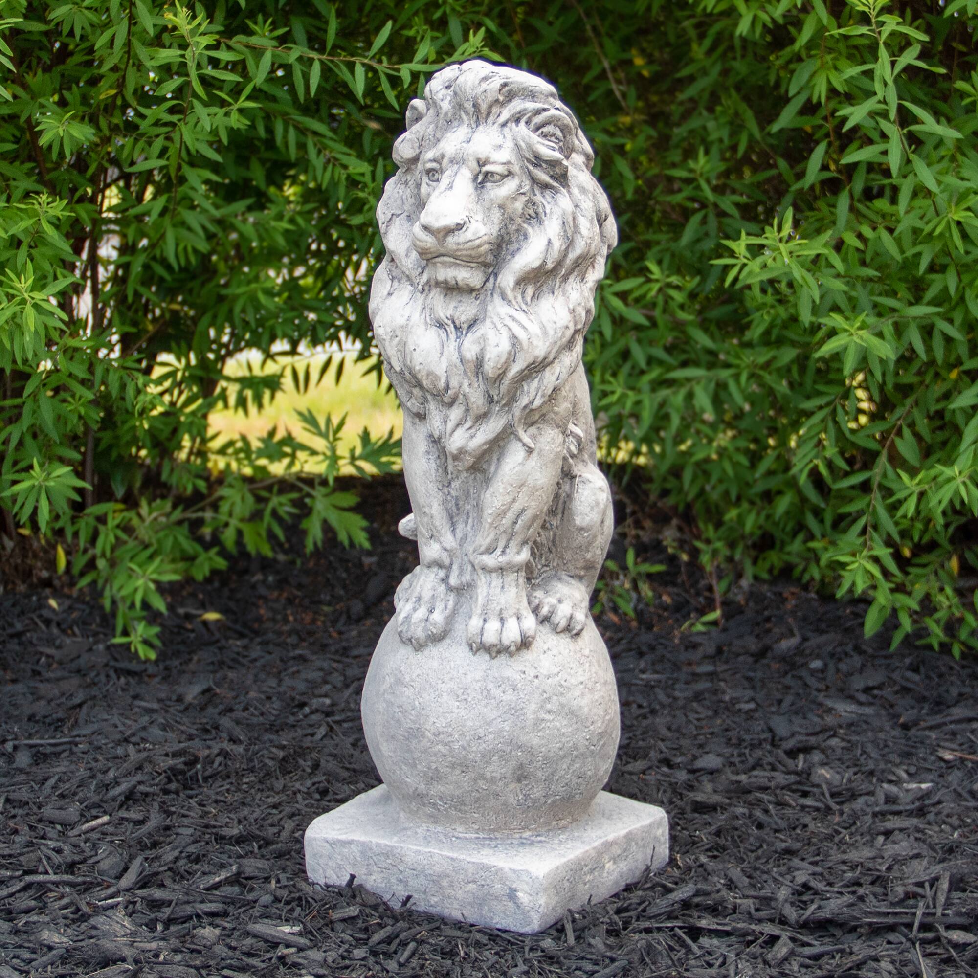 18" Lion Sitting on Ball Pedestal Outdoor Garden Statue