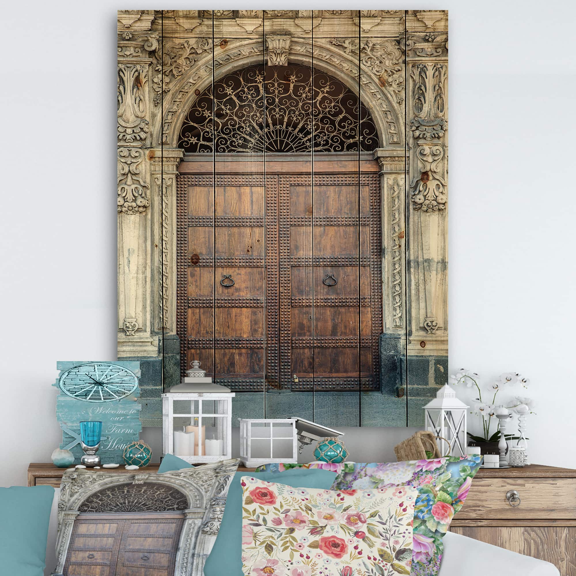 Designart - Old Door in Catania, Italy - Vintage Print on Natural Pine Wood
