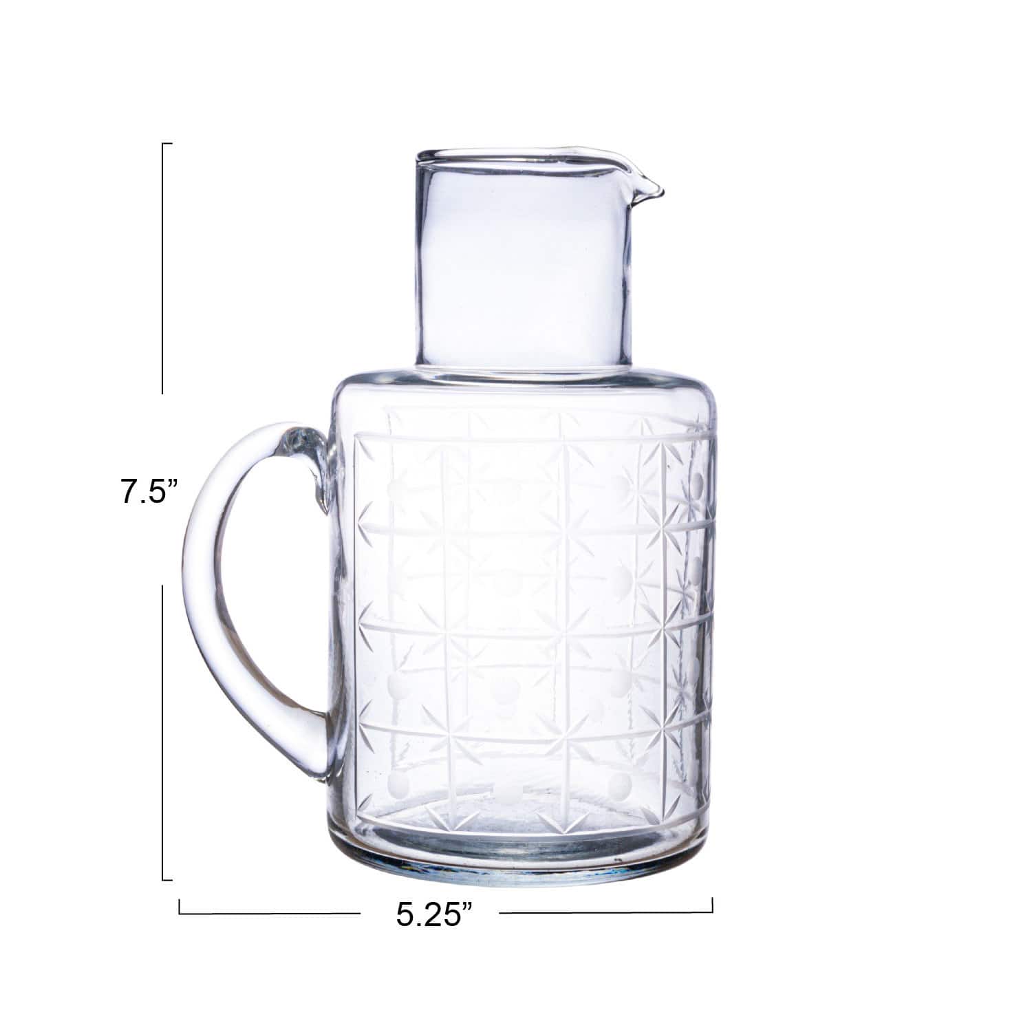 Hello Honey® 32oz. Clear Hand-Blown Etched Reclaimed Glass Pitcher with Tall Neck & Handle