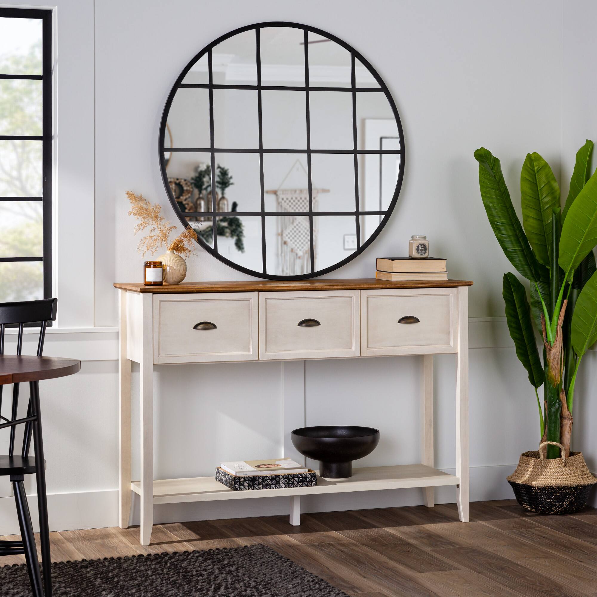 Walker Edison 52" Reclaimed Barnwood & White 3-Drawer Buffet Table