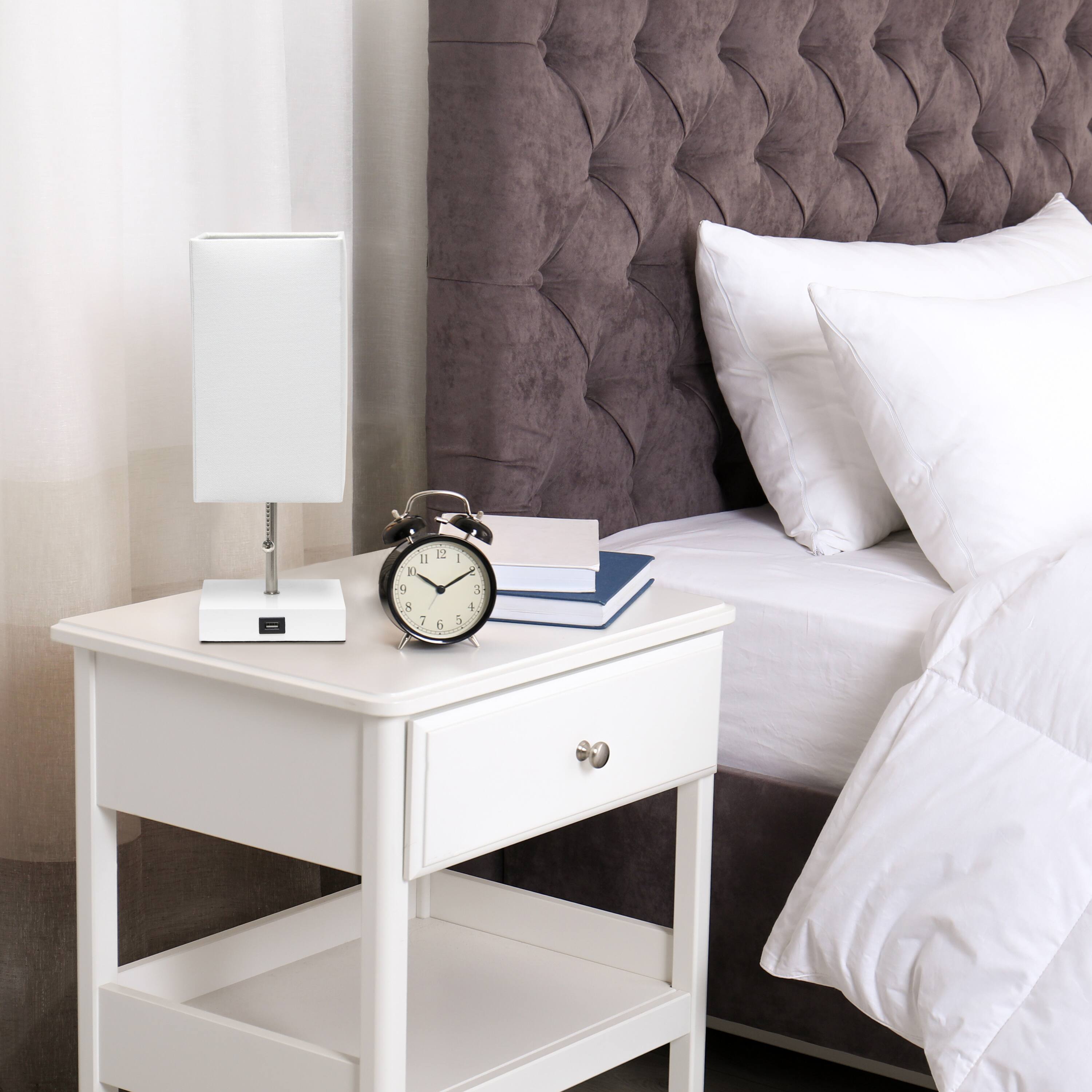 Simple Designs 14.5&#x22; Rectangle Shade White Base Lamp with USB Charging Port