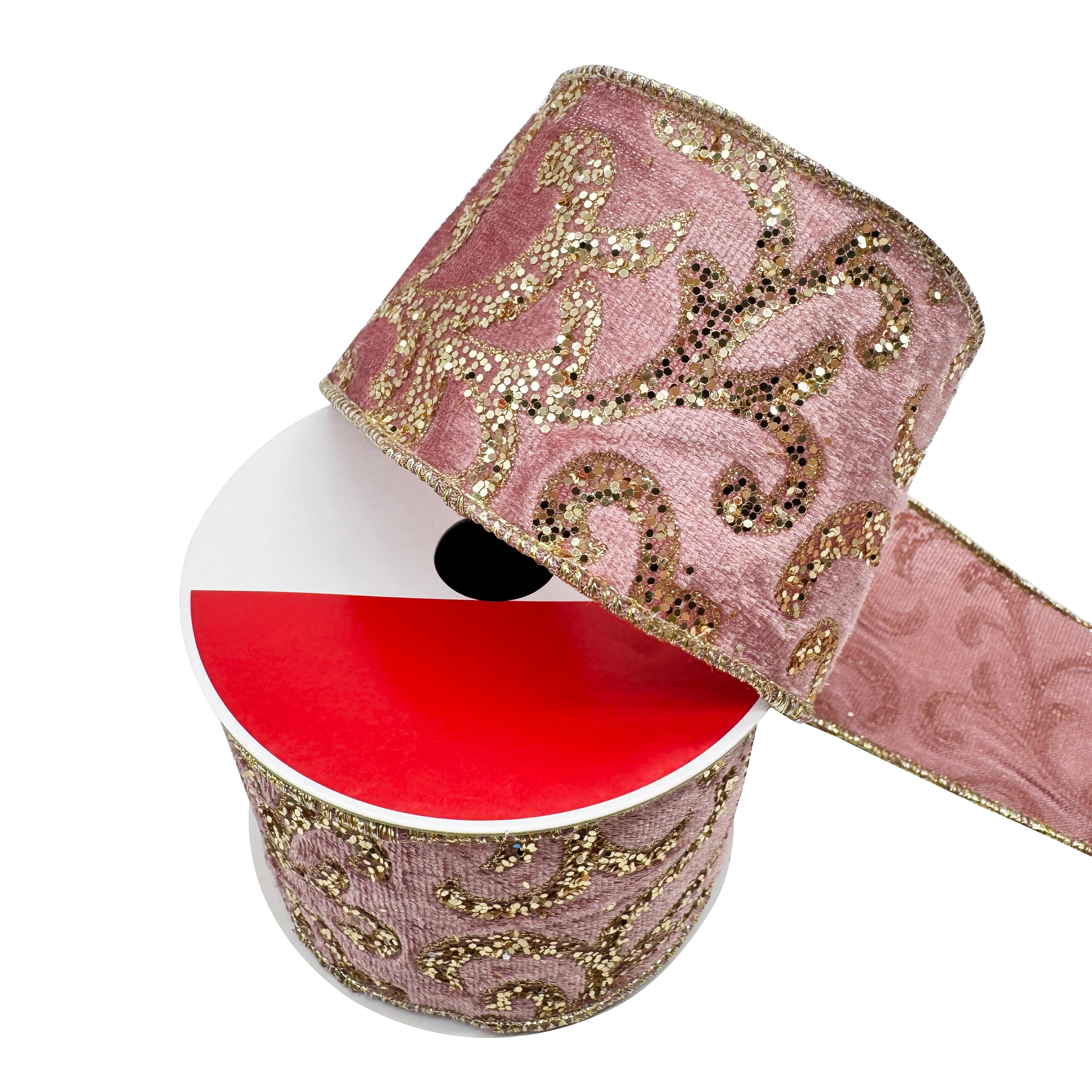 2.5&#x22; x 15ft. Blush &#x26; Gold Glitter Scroll Wired Velvet Ribbon by Celebrate It&#xAE;