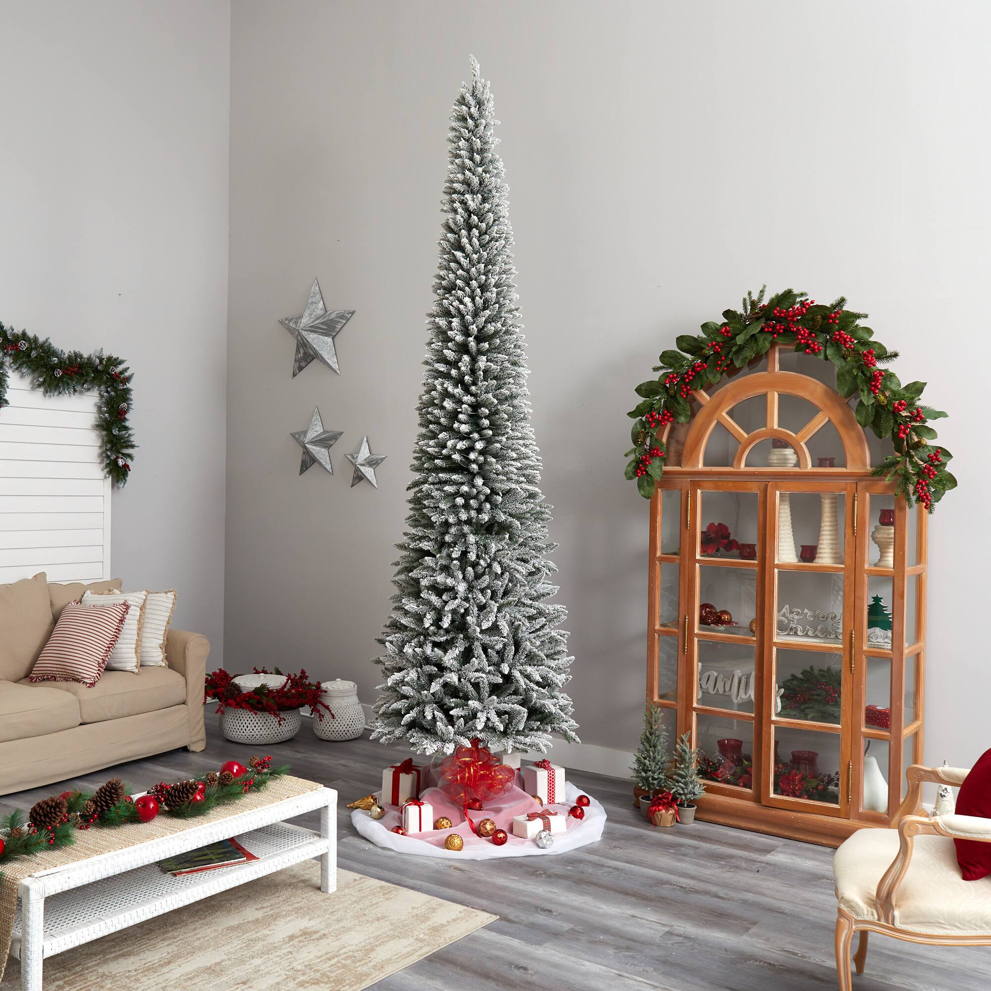 12ft. Pre-Lit Flocked Artificial Pencil Christmas Tree, Clear Lights