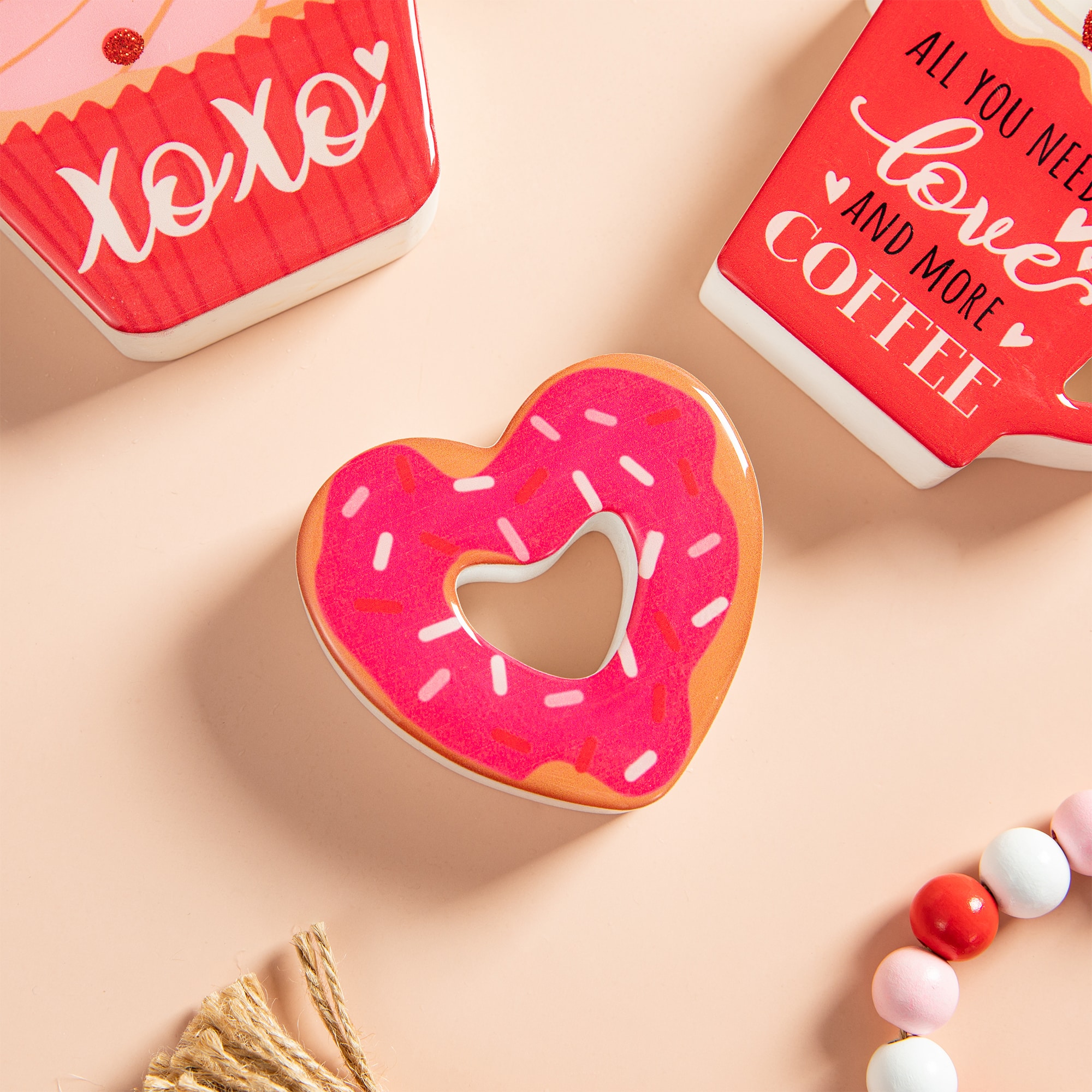 Glitzhome® Valentine's Wooden Cup Cakes & Heart Table Décor Set