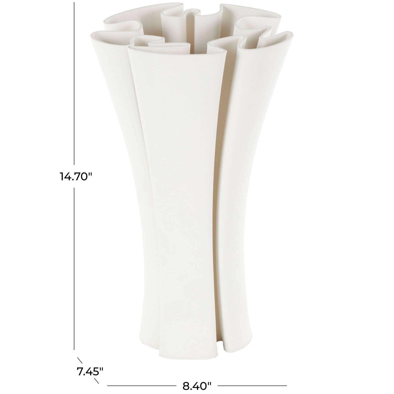 White Ceramic Abstract Ribbed Dimensional Folded Vase with Curvy Rim
