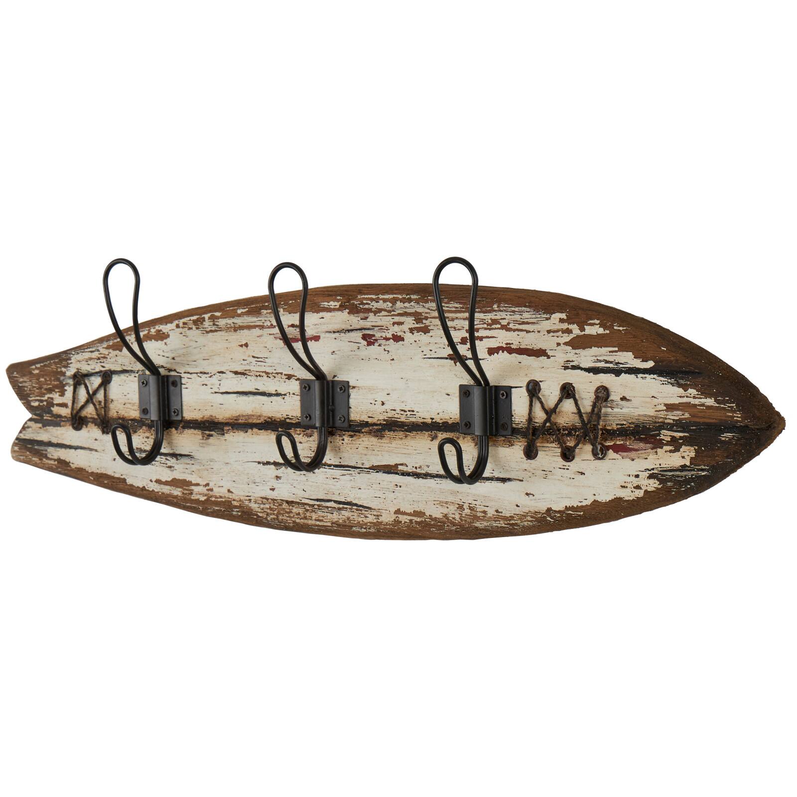 22.5" x 7" Brown Wood Handmade Distressed Fish Shaped 3 Hanger Wall Hook with Metal Accents