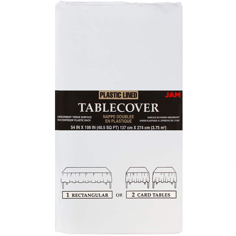 JAM Paper White Rectangular Plastic Lined Table Cover, 54" x 108"