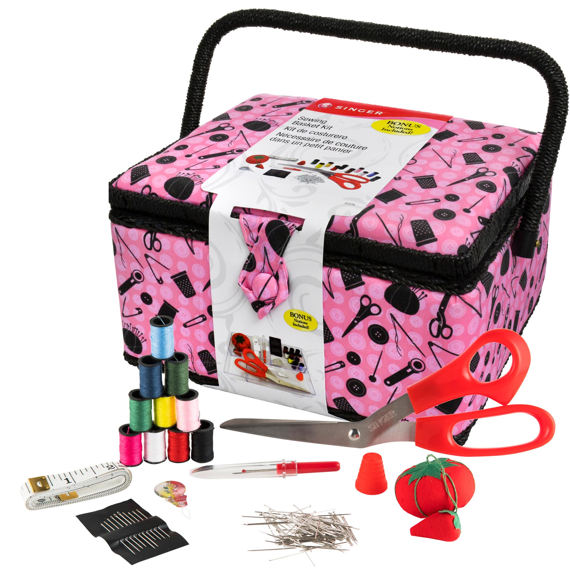 SINGER® Pink & Black Notions Pattern Sewing Basket Kit