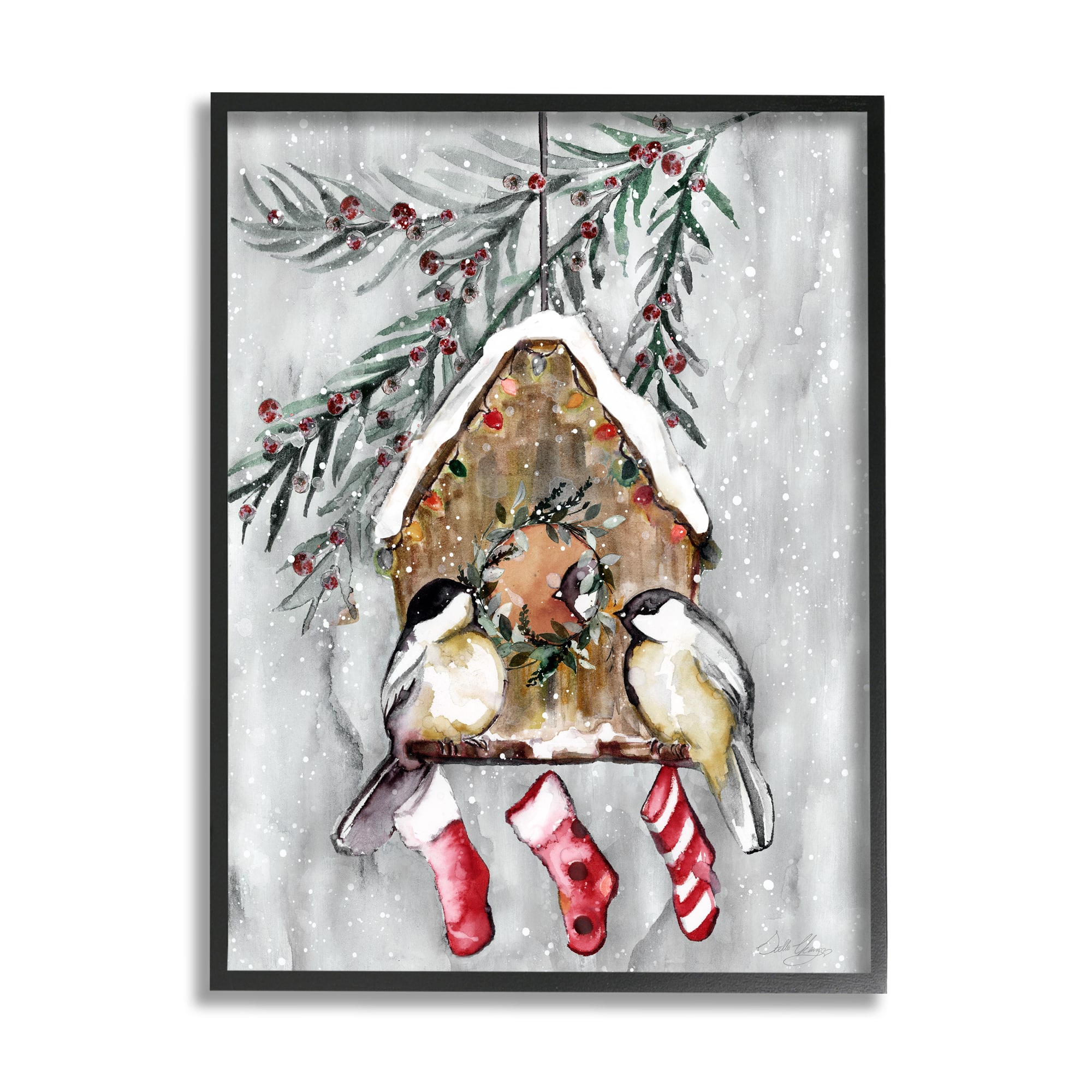 Stupell Industries Holiday Stockings Birdhouse Perched Framed Giclee Art