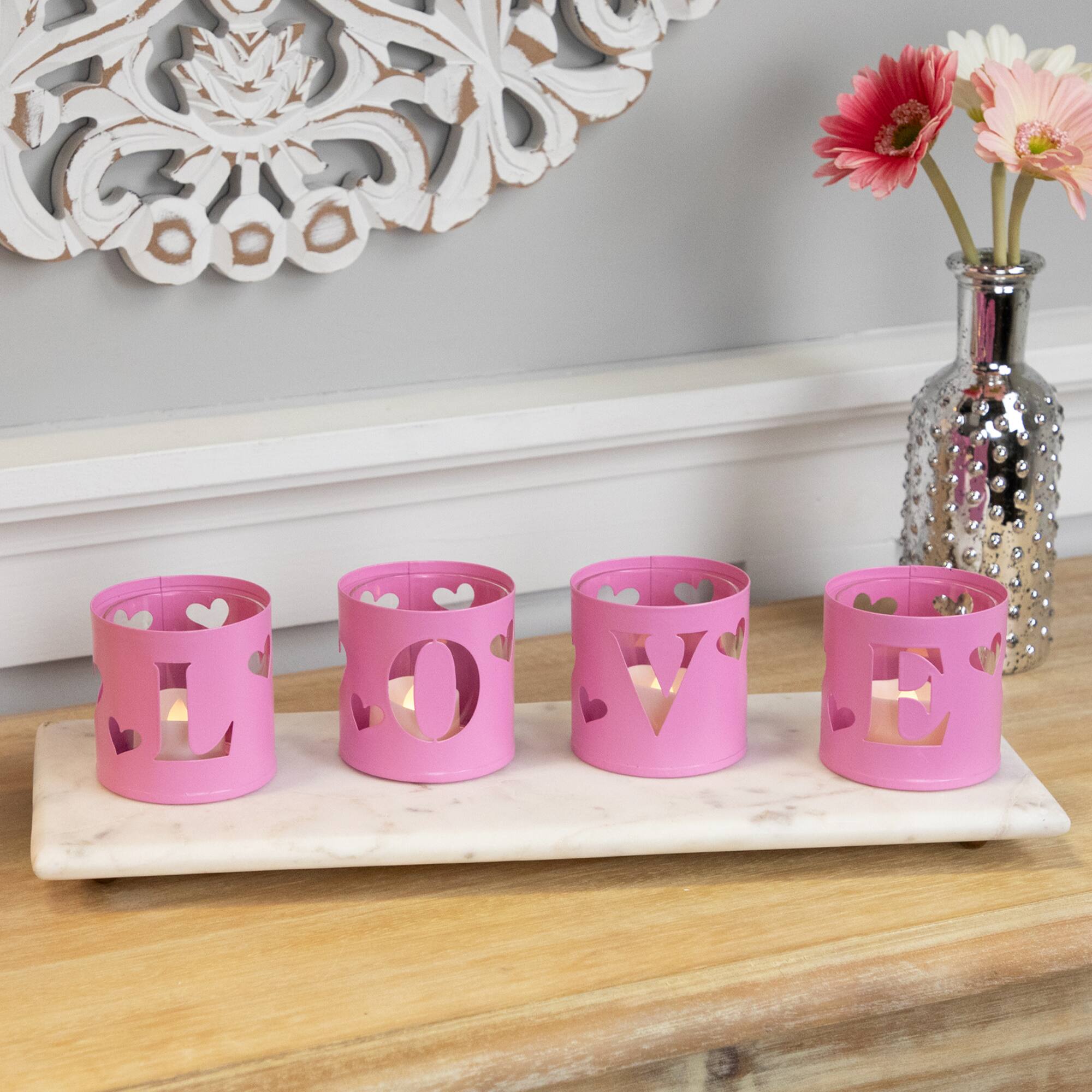 Pink Valentine's Day Love Metal Votive Candle Holders Set