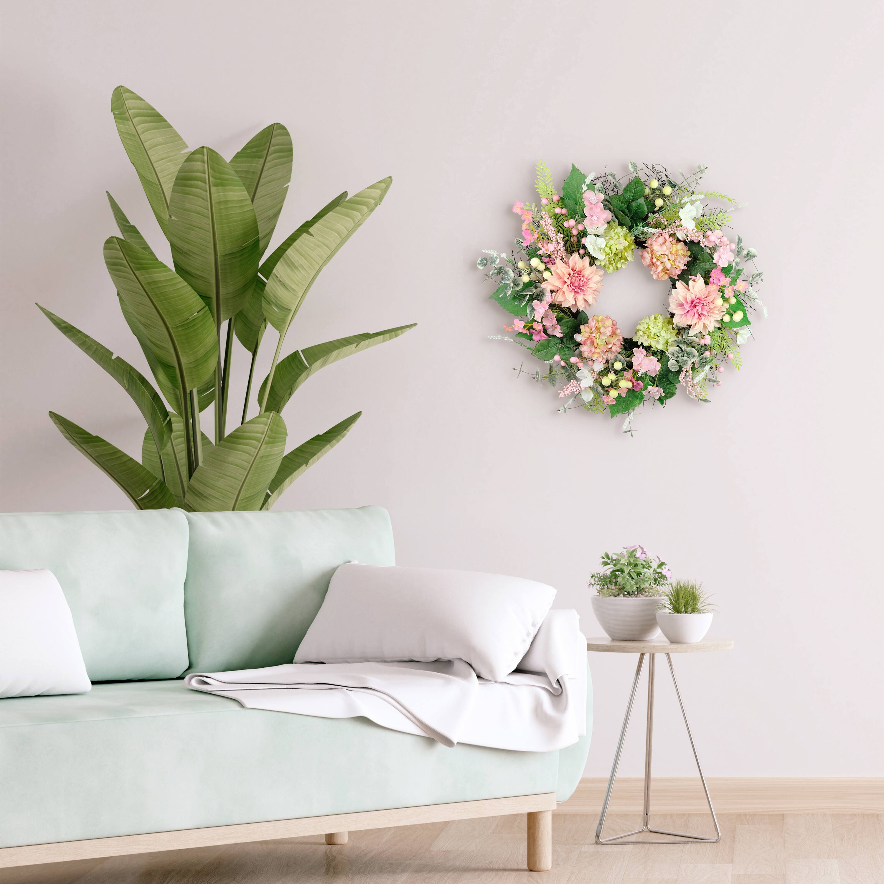 26" Artificial Hydrangea & Dahlia Floral Spring Wreath