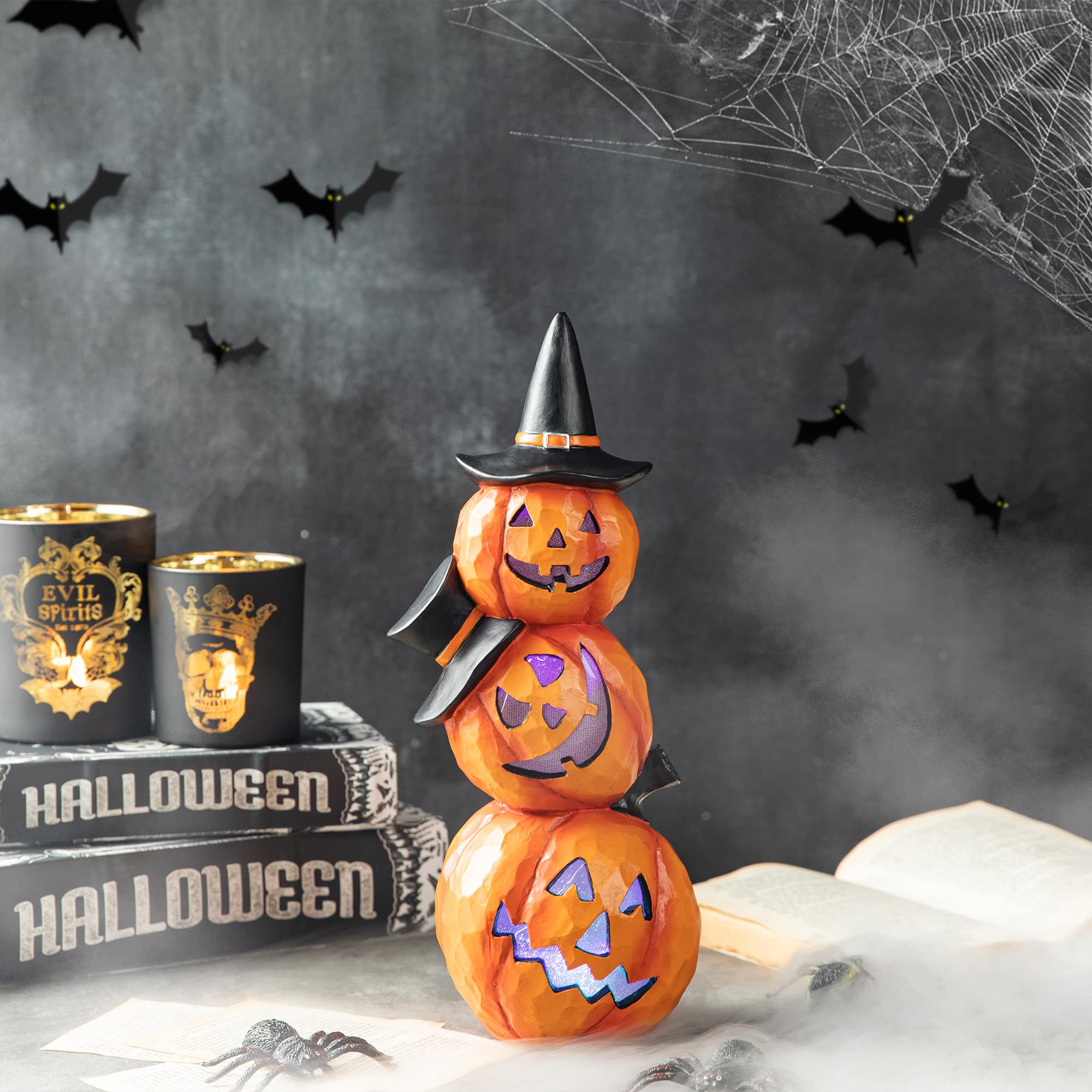 Glitzhome&#xAE; 14&#x22; Lighted Halloween Stacked Resin Pumpkin Table D&#xE9;cor