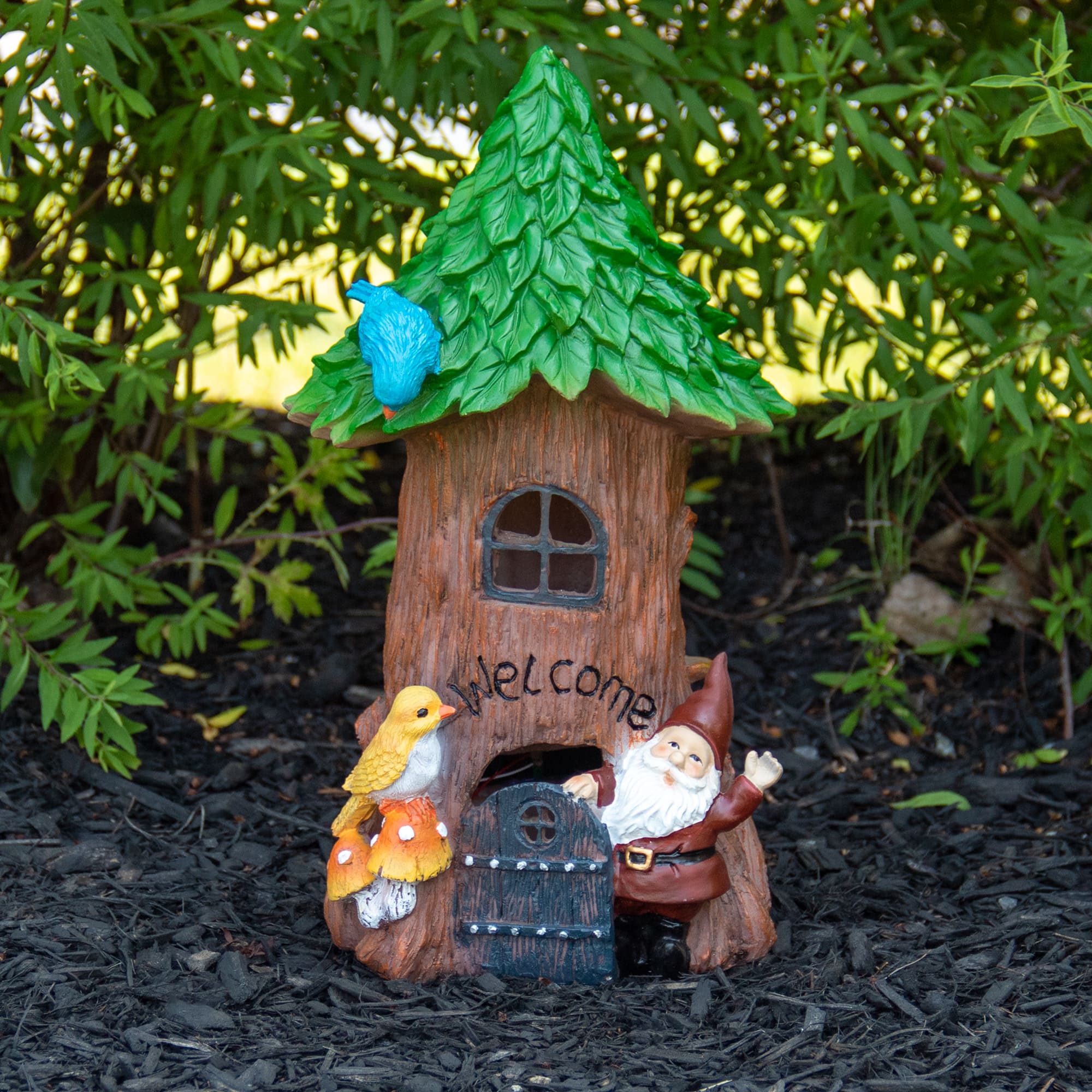 14&#x22; Solar Lighted Welcome Gnome Tree House Outdoor Garden Statue