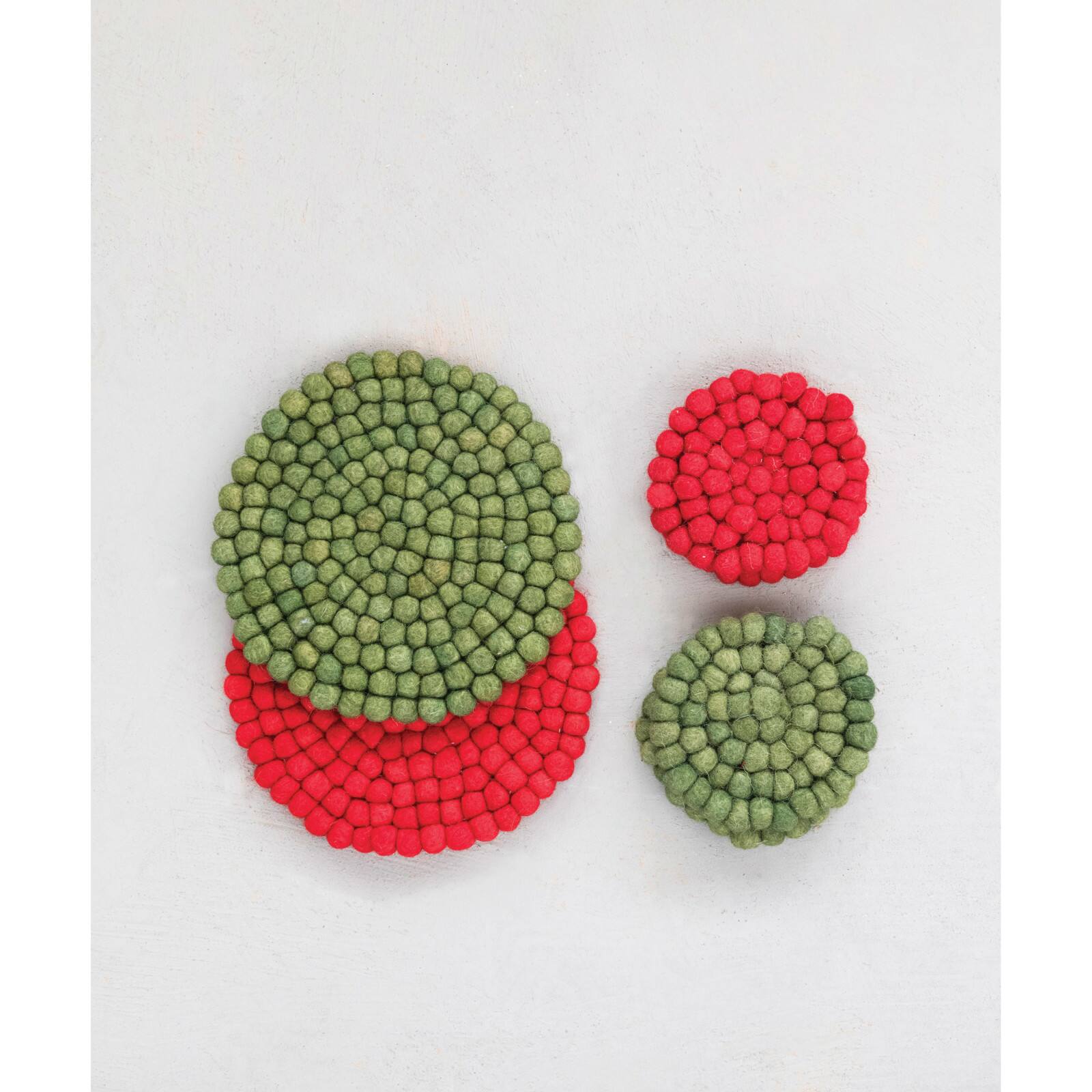 Hello Honey&#xAE; 4&#x22; Red &#x26; Green Handmade Wool Felt Ball Coaster Set