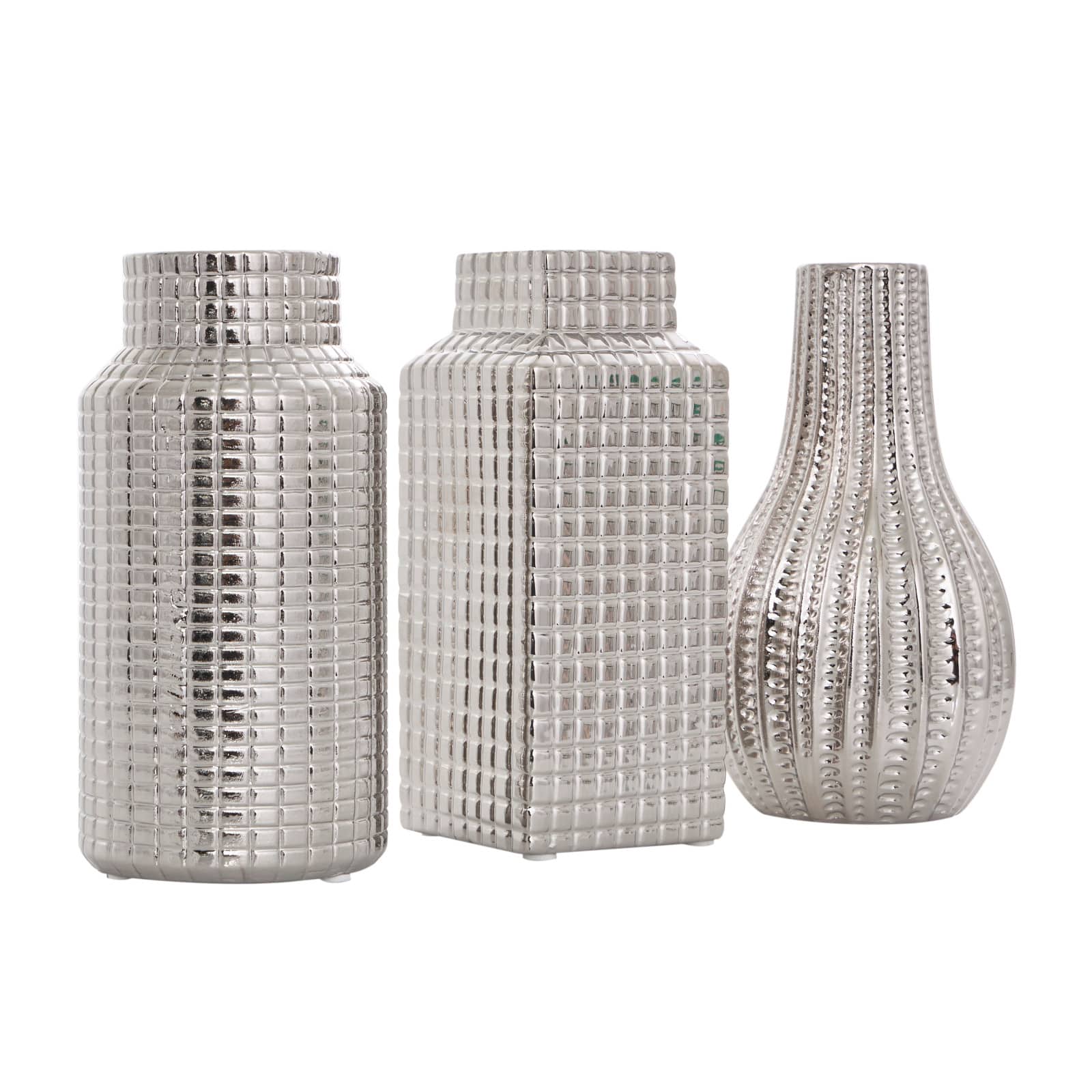 Silver Ceramic Geometric Dimensional Textured Vase Set with Varying Shapes & Grid Patterns