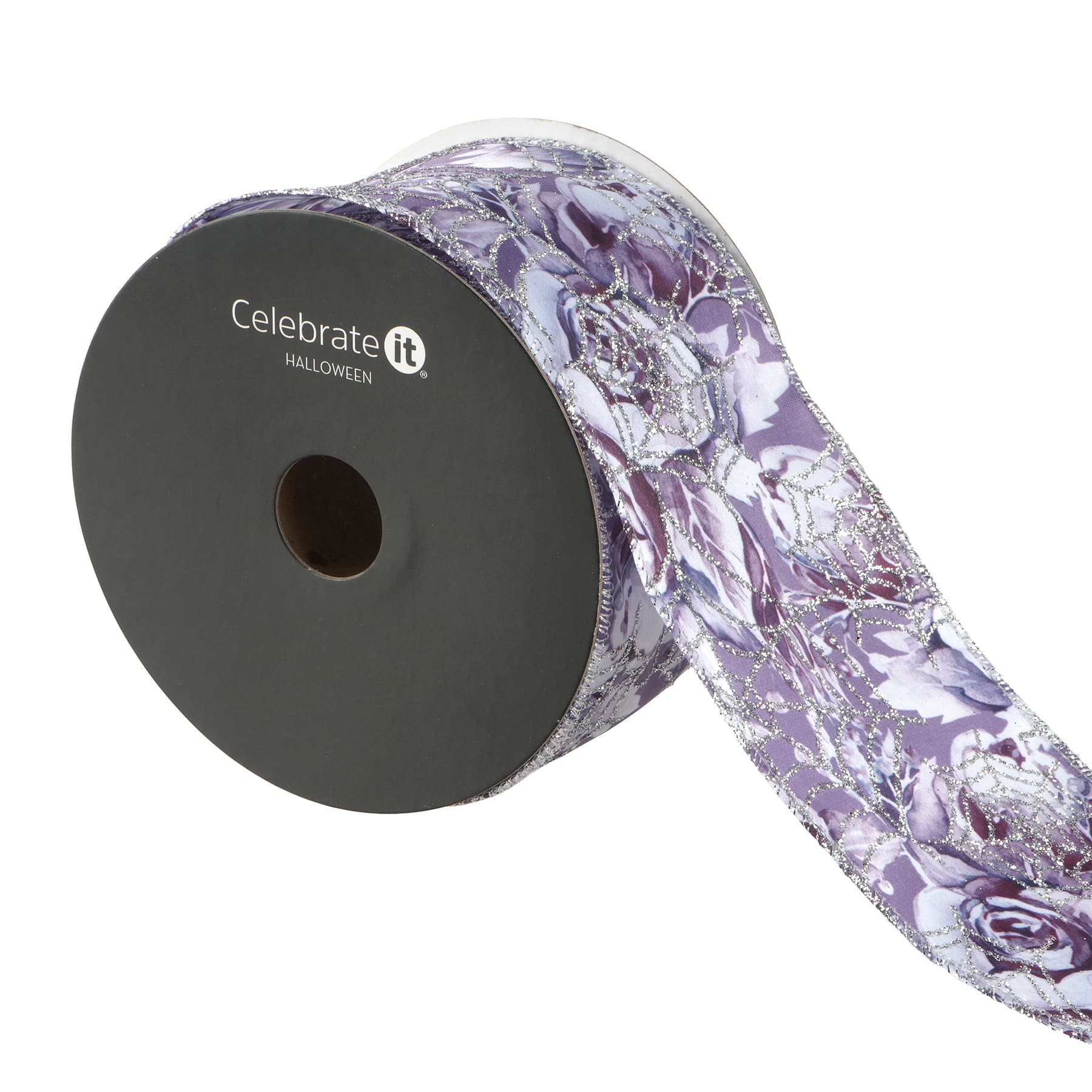2.5&#x22; x 20ft. Purple Wired Floral Glitter Web Ribbon by Celebrate It&#xAE; Halloween
