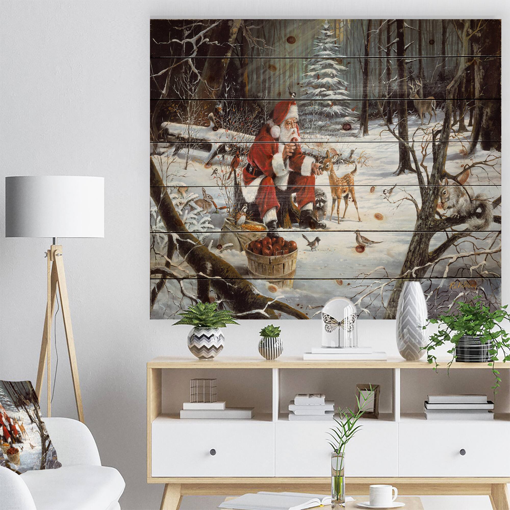 Designart - Santa Claus with deer in snowy woods - Print on Natural Pine Wood