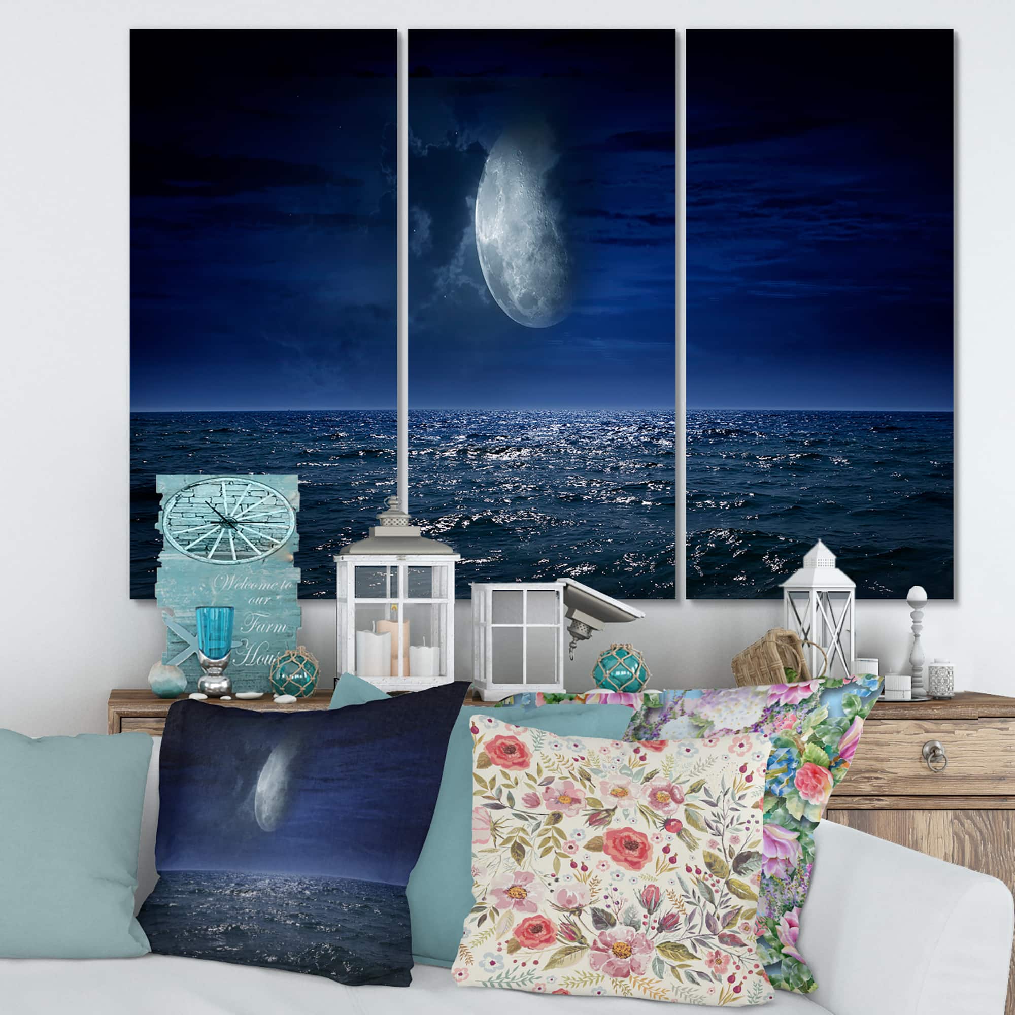 Designart - Full Moon Over Dark Ocean At Night