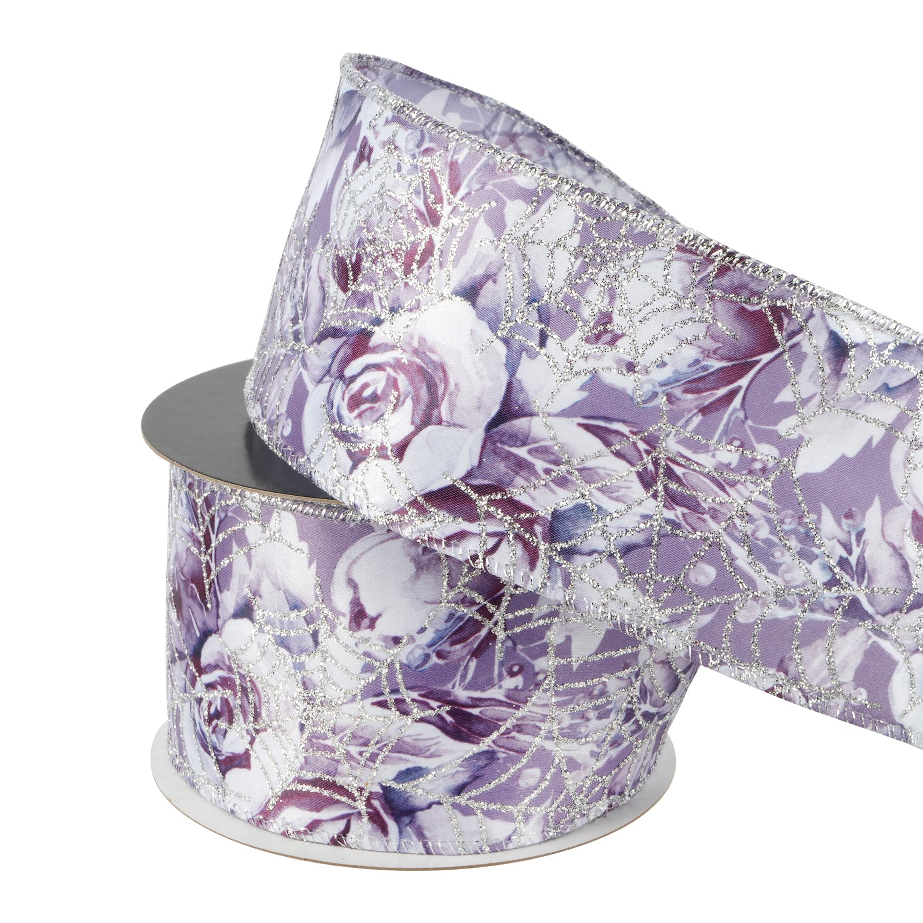 2.5&#x22; x 20ft. Purple Wired Floral Glitter Web Ribbon by Celebrate It&#xAE; Halloween