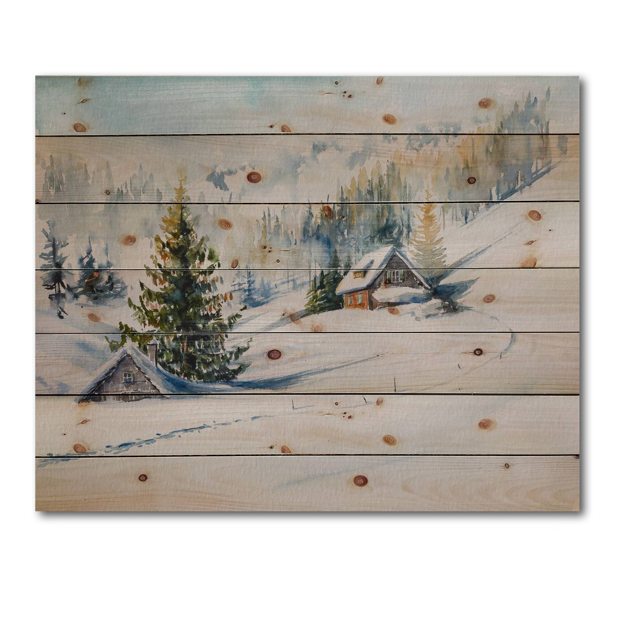 Designart - Little House In The Winter Mountains - Traditional Print on Natural Pine Wood