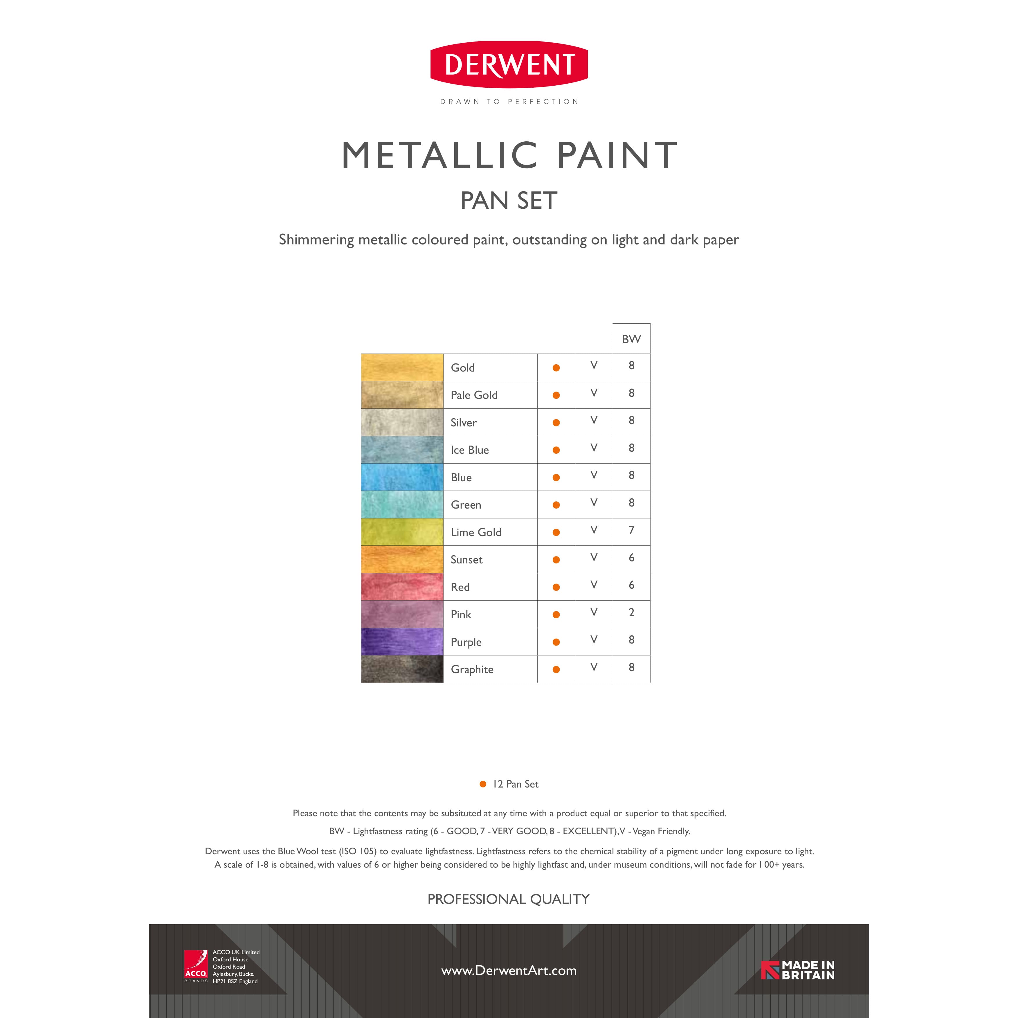 Create striking metallic strokes on both light and dark surfaces with the  Derwent Metallic Paint 12 Pan Set