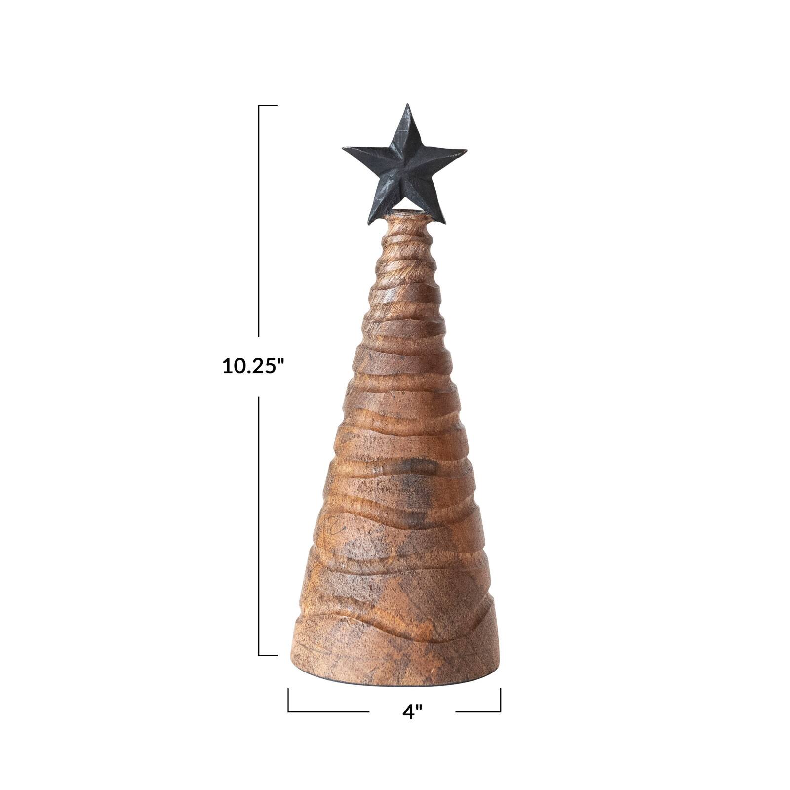 Hello Honey® 10.25" Tall Carved Mango Wood & Metal Christmas Tree with Black Star