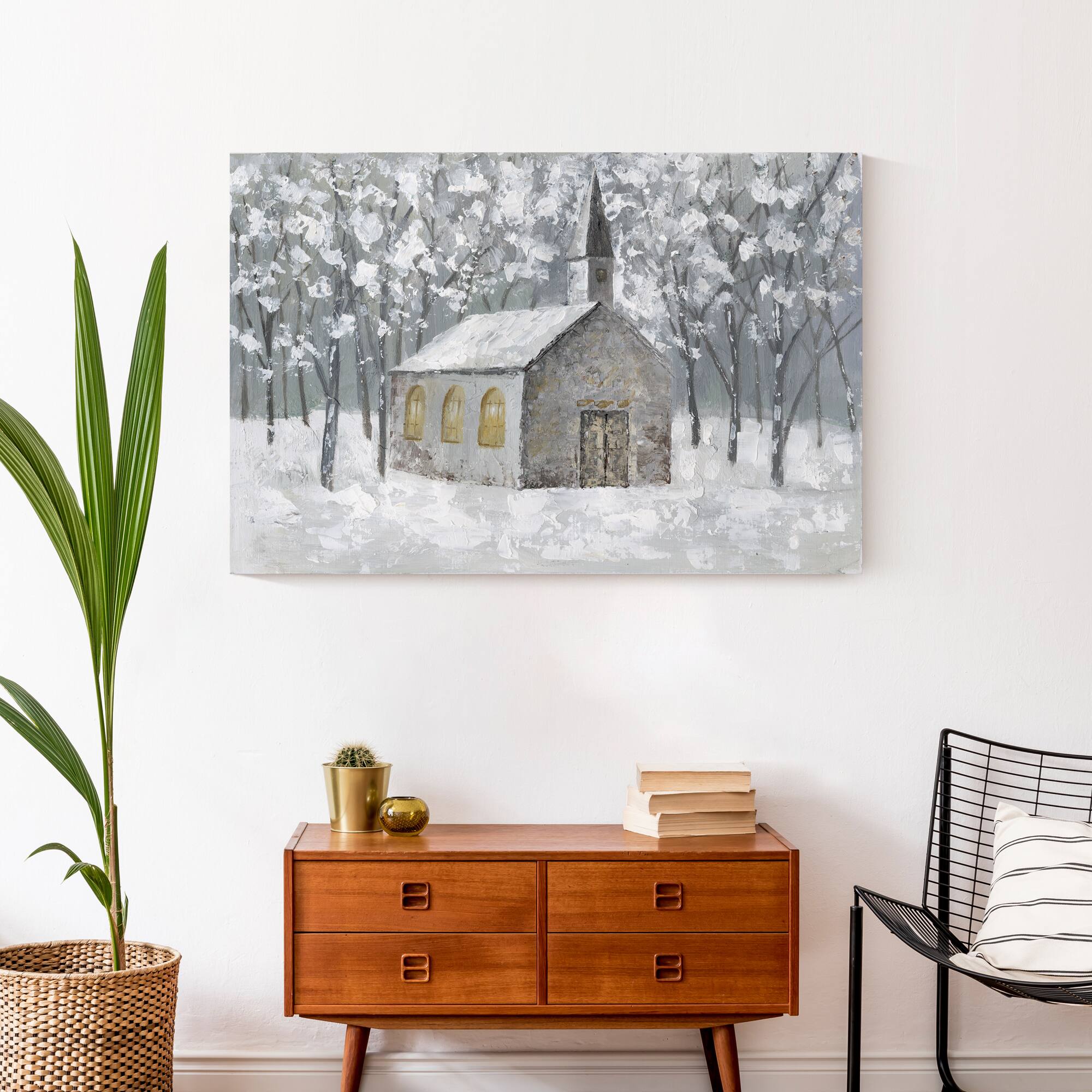 Church In Snowy Forest Canvas Wall Art