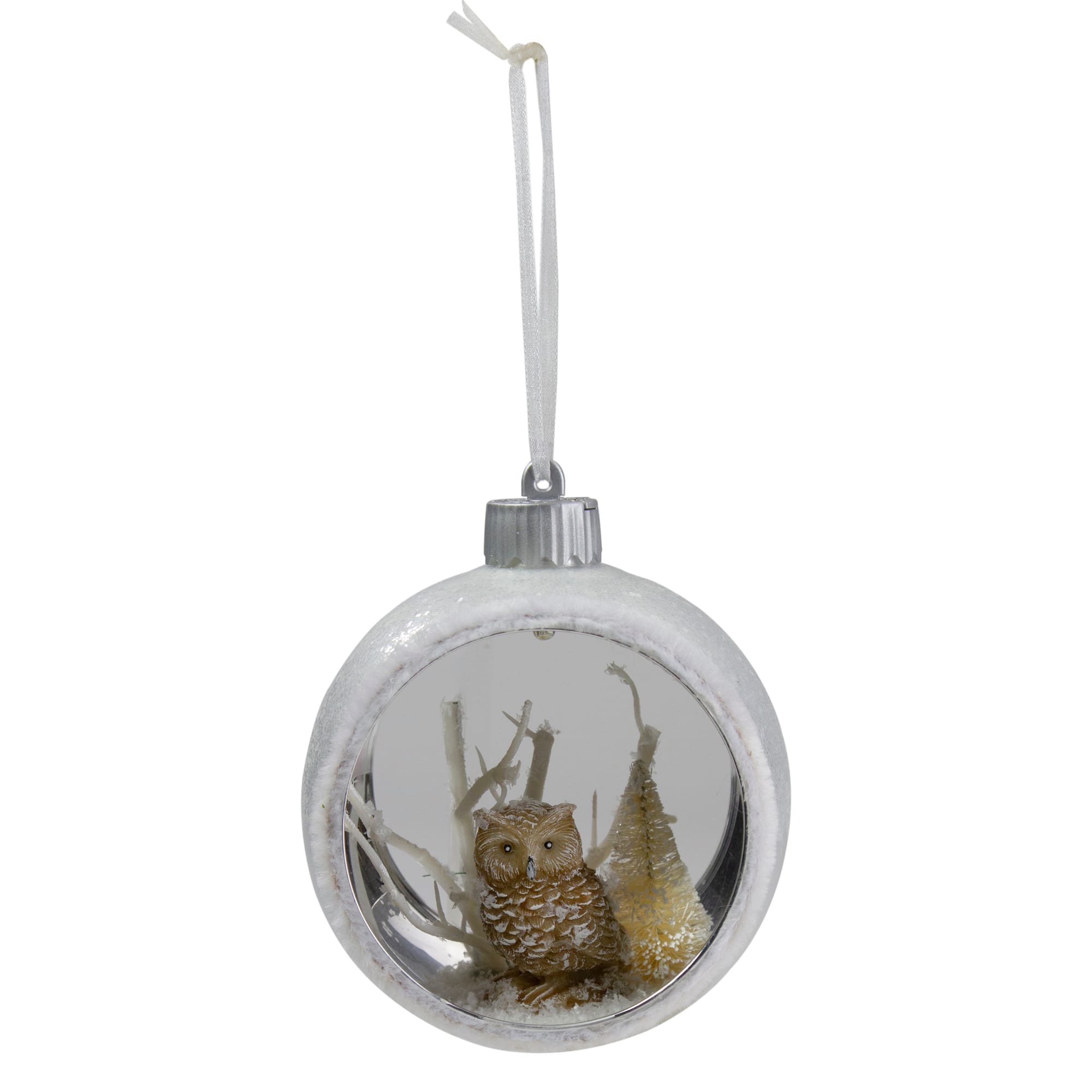 Silver And White Matte Cutout Owl Ball Ornament