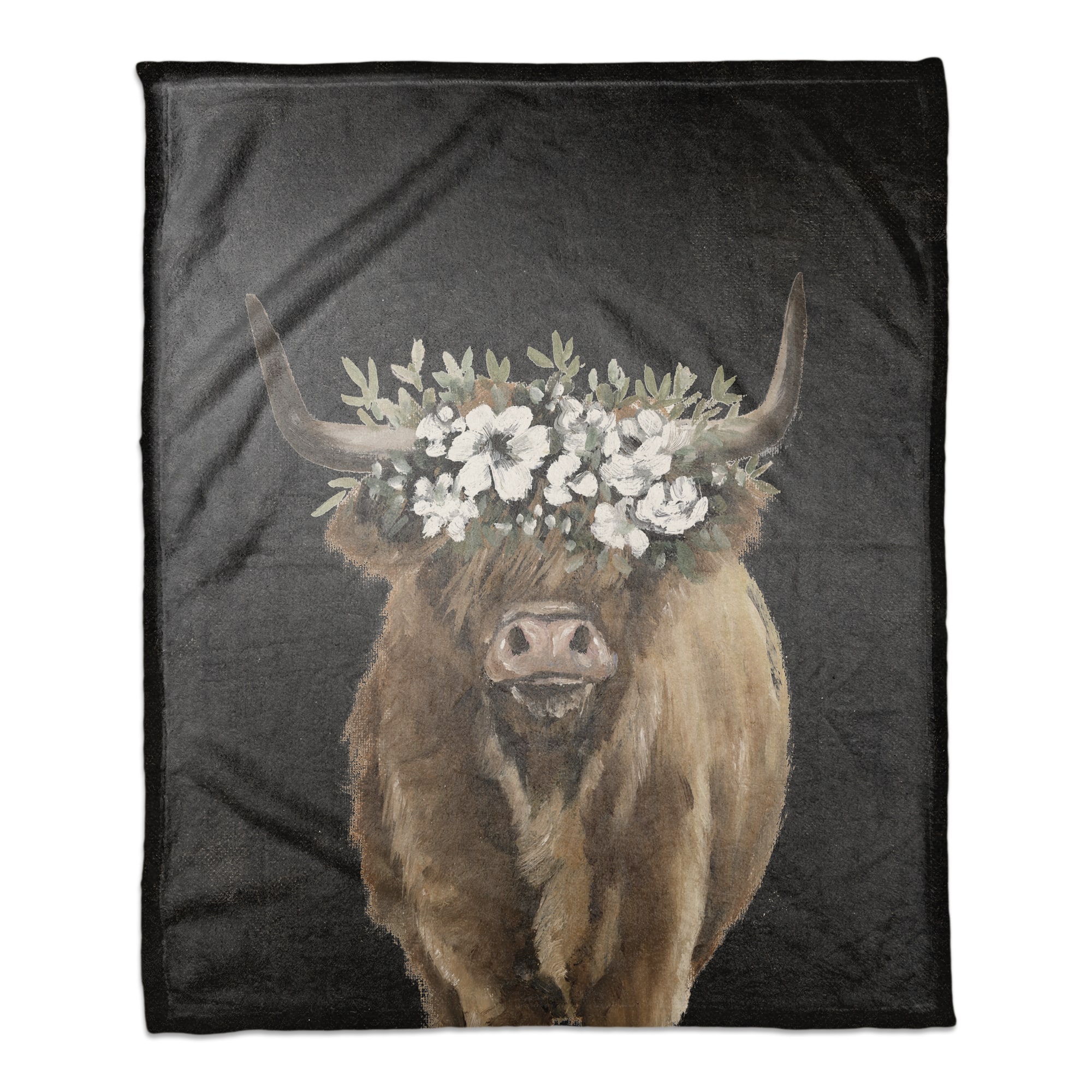 50" x 60" Highland Cow with Flower Crown Coral Fleece Blanket