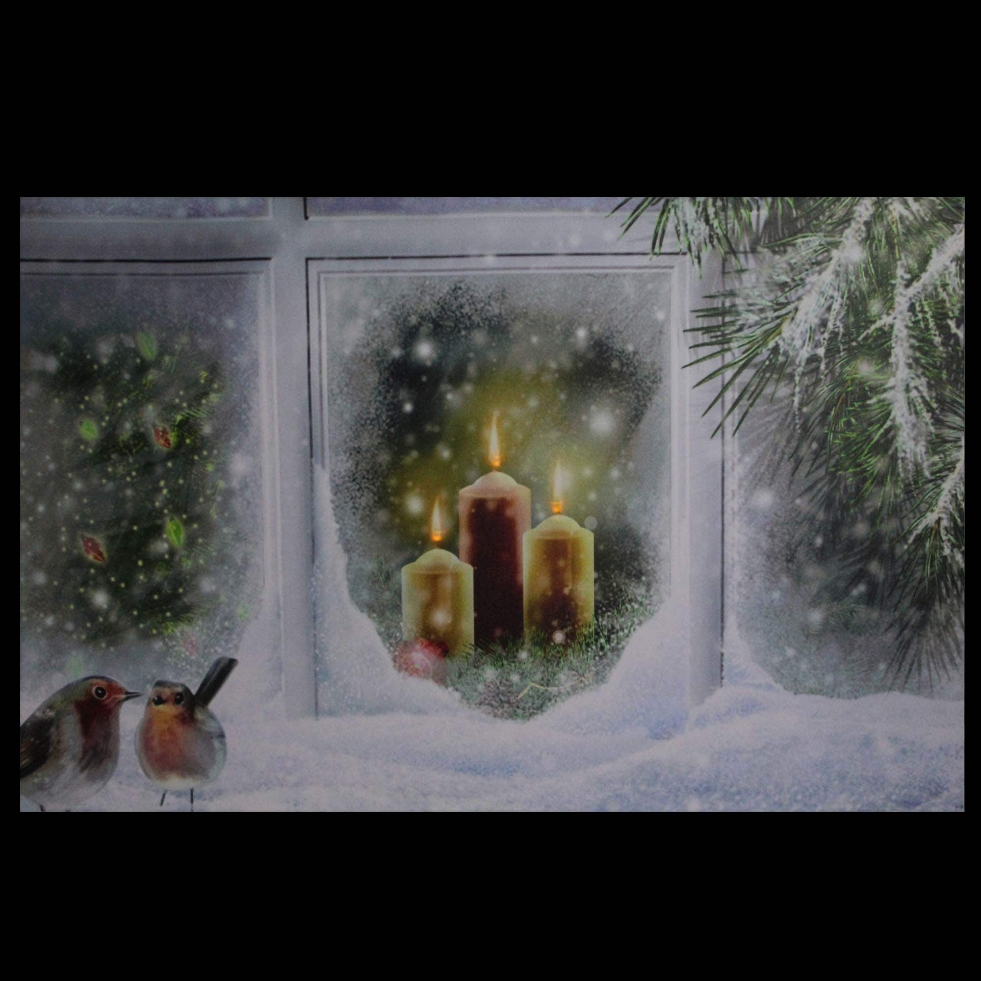 LED Lighted Snowy Window Pane And Candles Christmas Canvas Wall Art