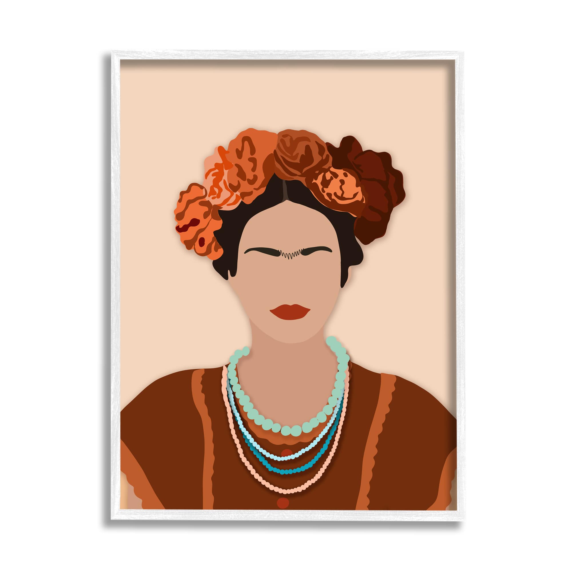 Stupell Industries Frida Artist Portrait Orange Floral Blue Bead Necklace in White Frame Wall Art
