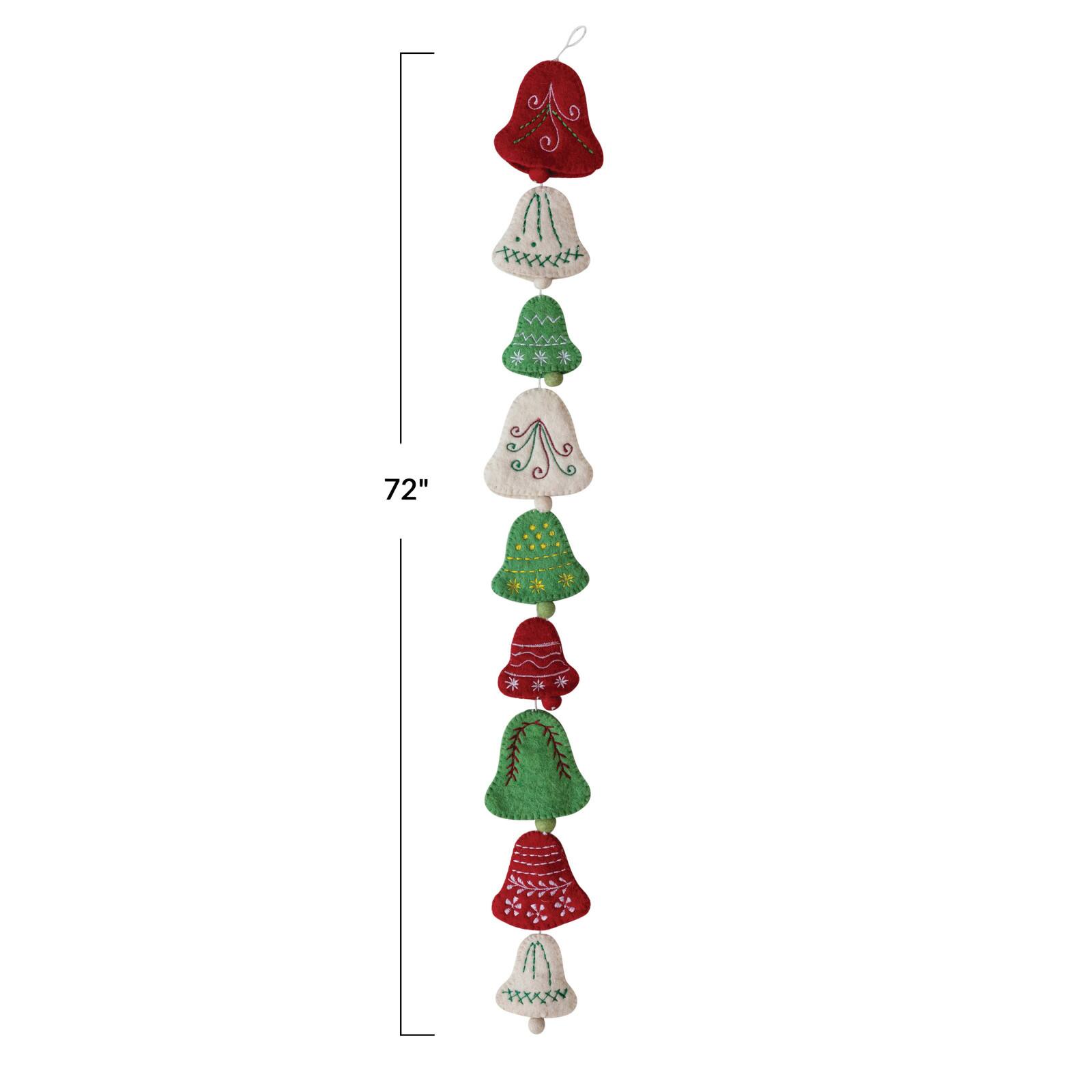 Hello Honey® 6ft. Cream, Red & Green Handmade Wool Felt Embroidered Bells Garland