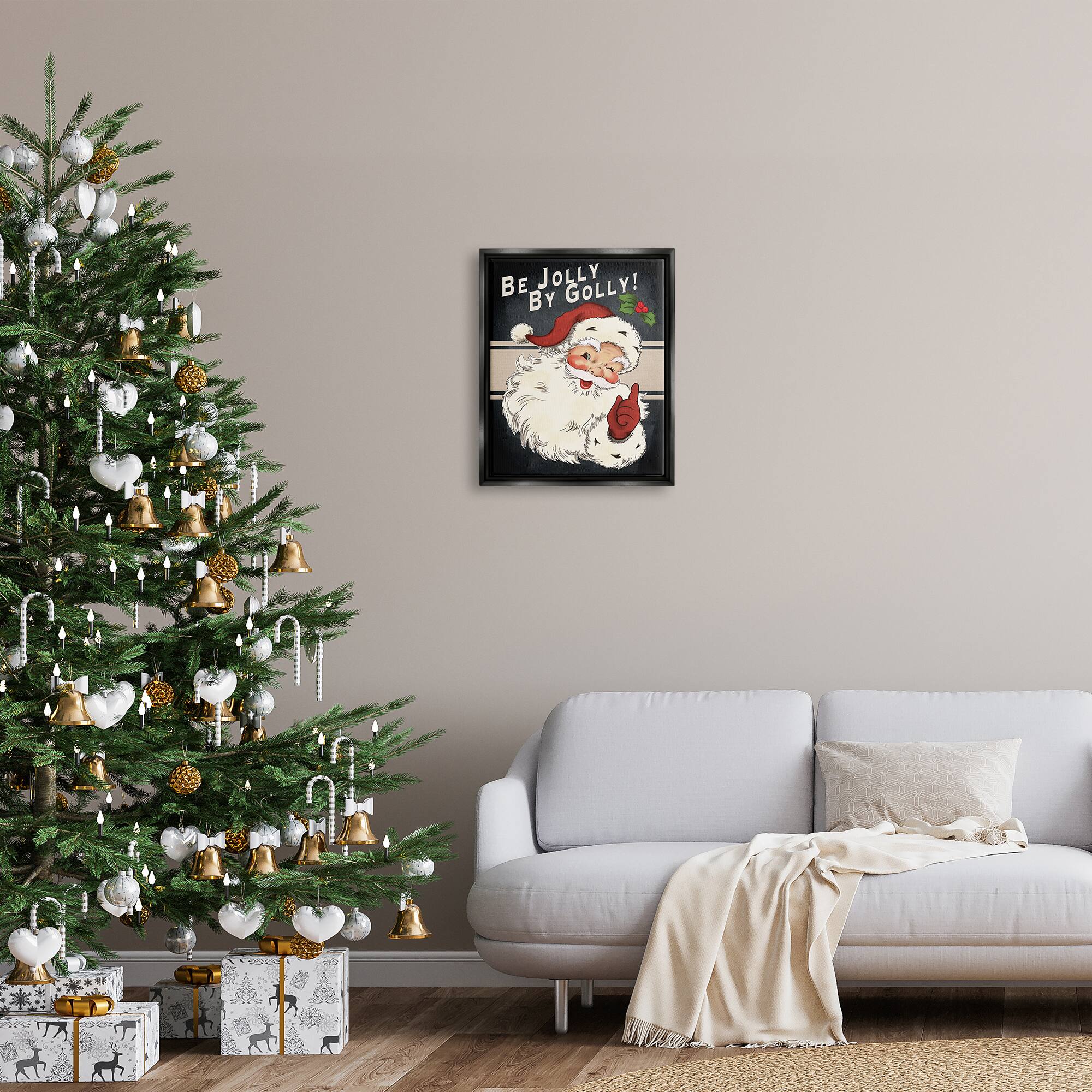 Stupell Industries Be Jolly By Golly Vintage Christmas Santa Framed Floater Canvas Wall Art