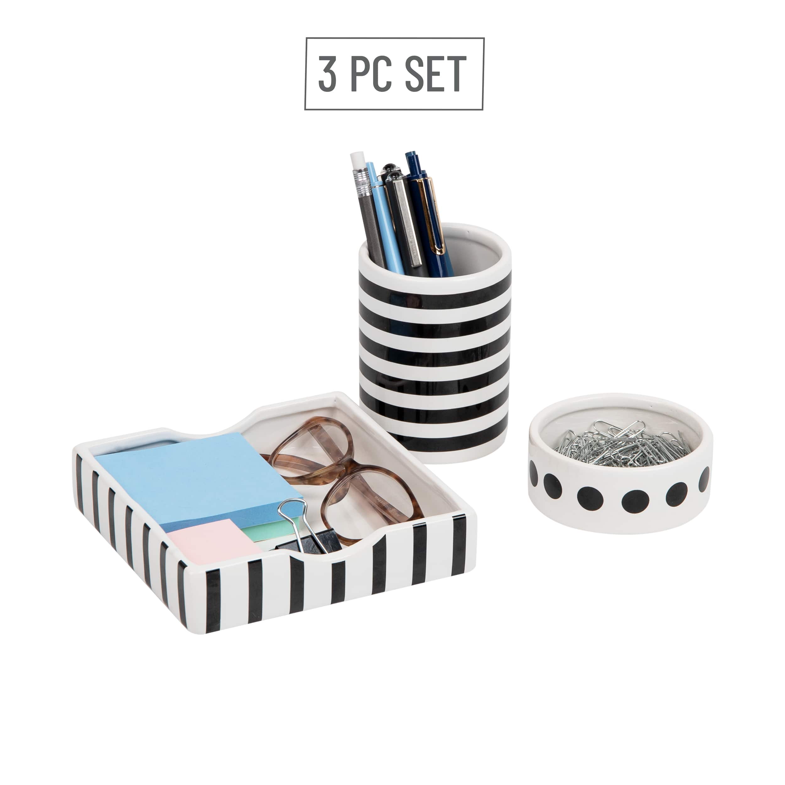 Mind Reader Ditto Collection Black &#x26; White Pen Cup, Clip Dish &#x26; Memo Tray Set