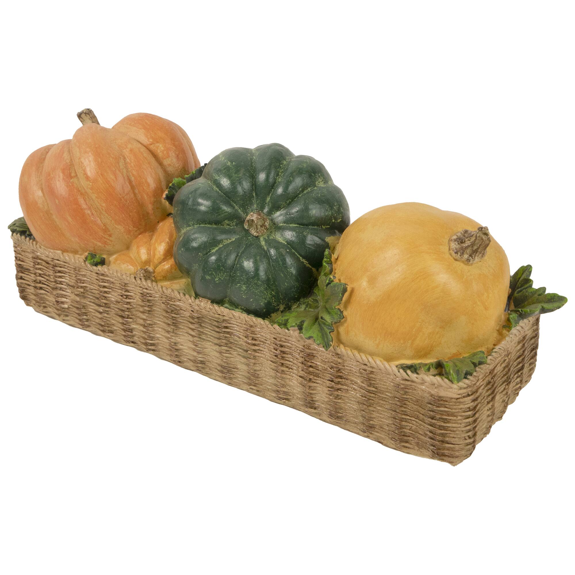 15&#x22; Faux Rattan Basket with Pumpkins Thanksgiving Tabletop Decoration