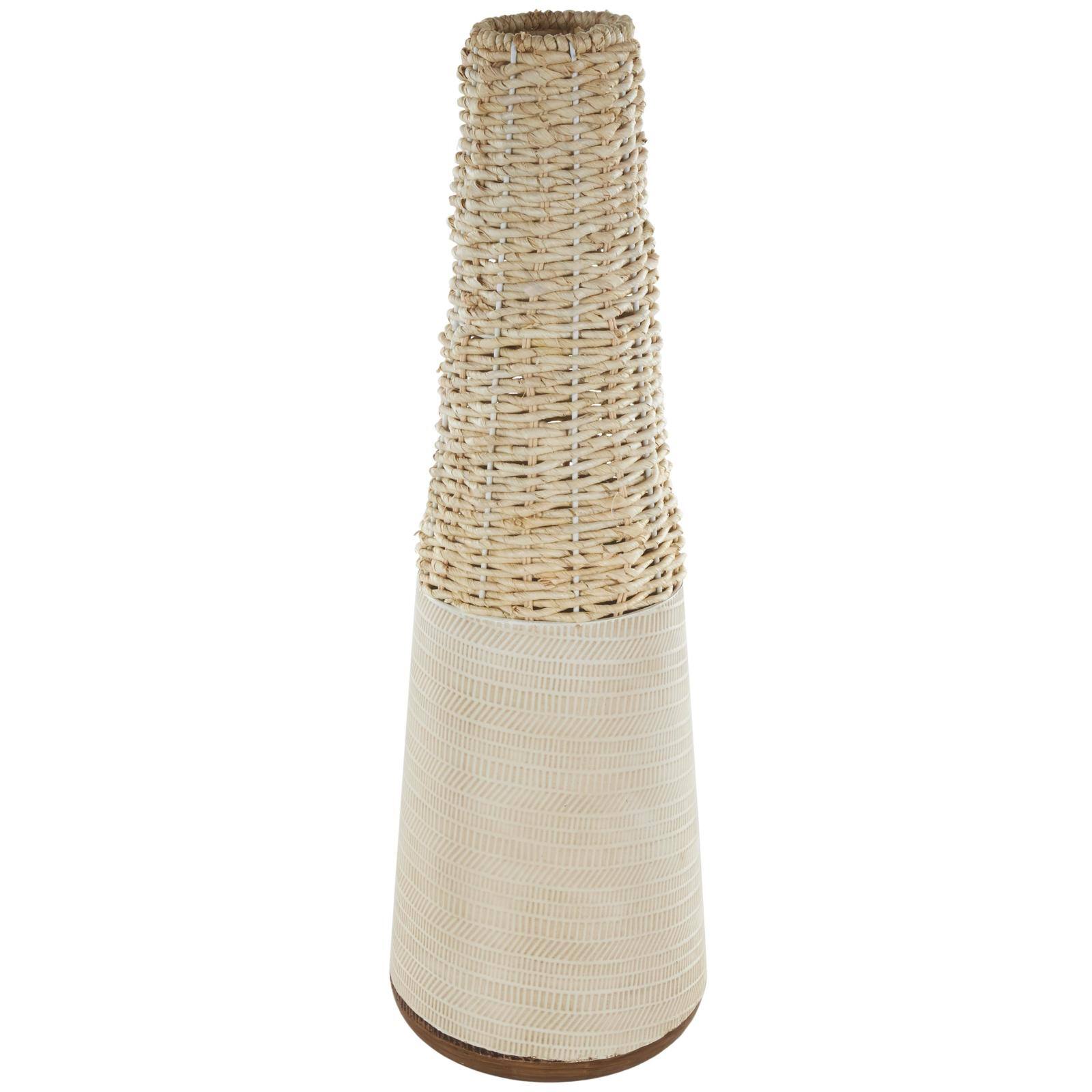 Light Brown Rattan Handmade Woven Vase with Beige Metal Base
