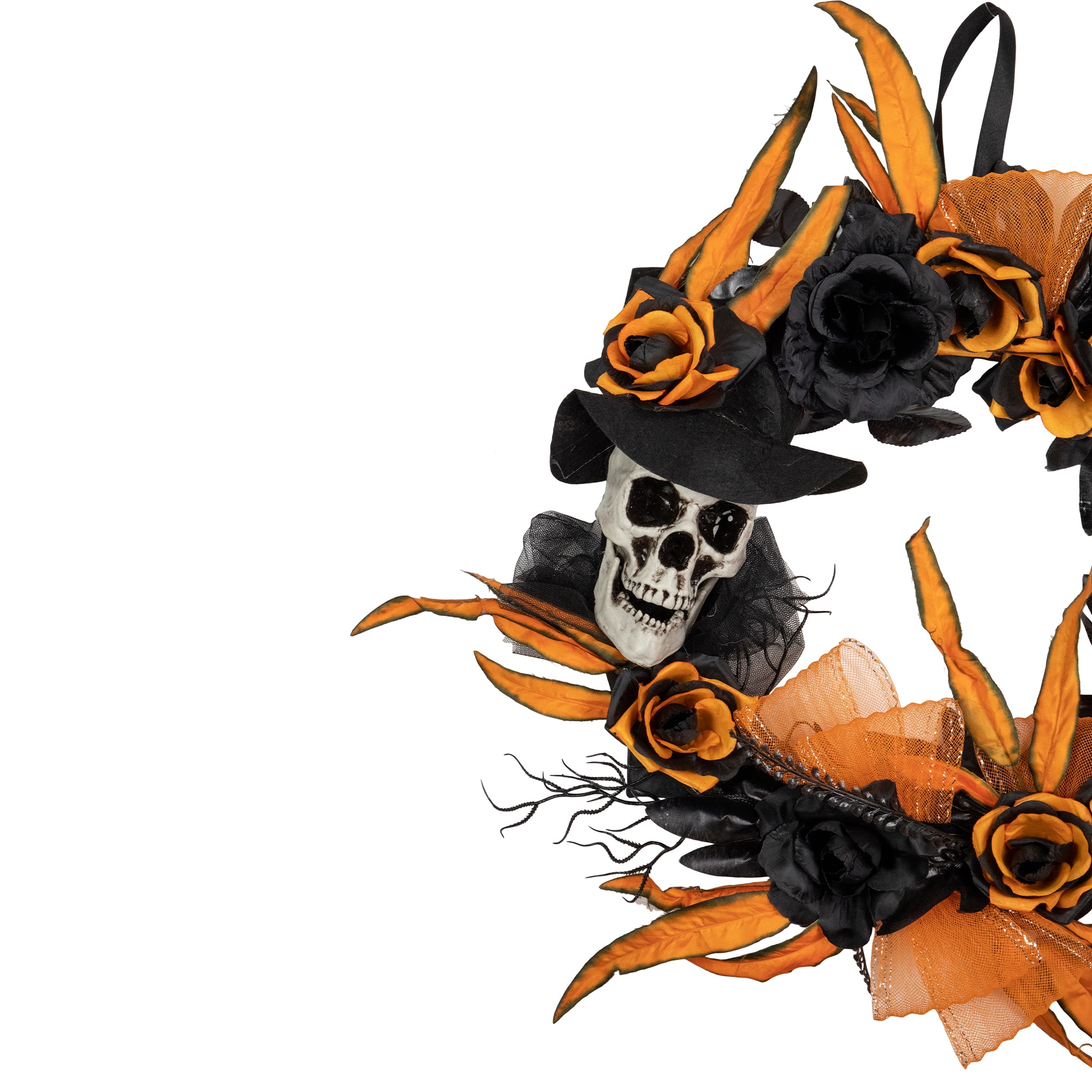 14&#x22; Skull with Black &#x26; Orange Roses Halloween Wreath