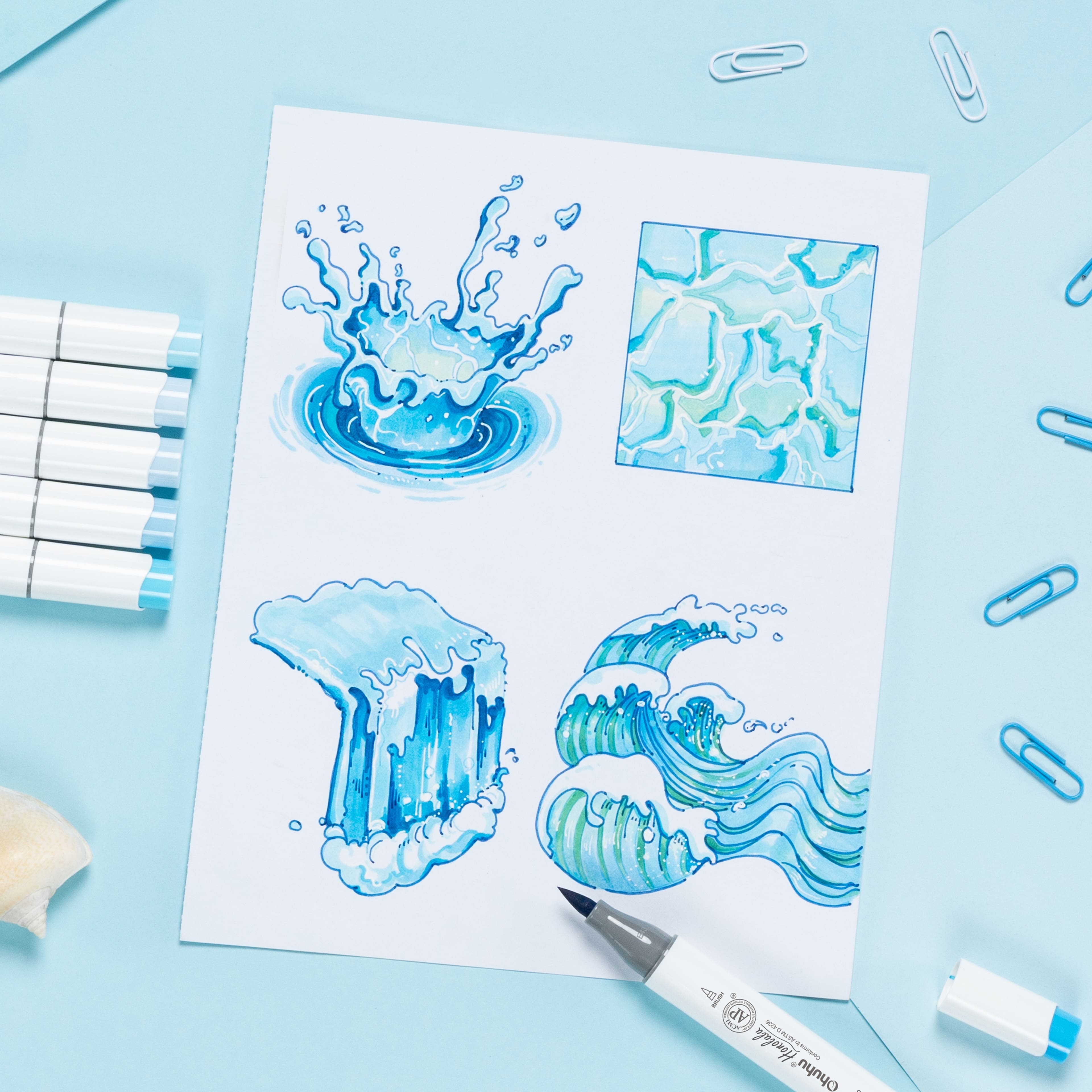 Ohuhu&#xAE; Honolulu Brush &#x26; Chisel Dual Tip Blue Tones Marker Set