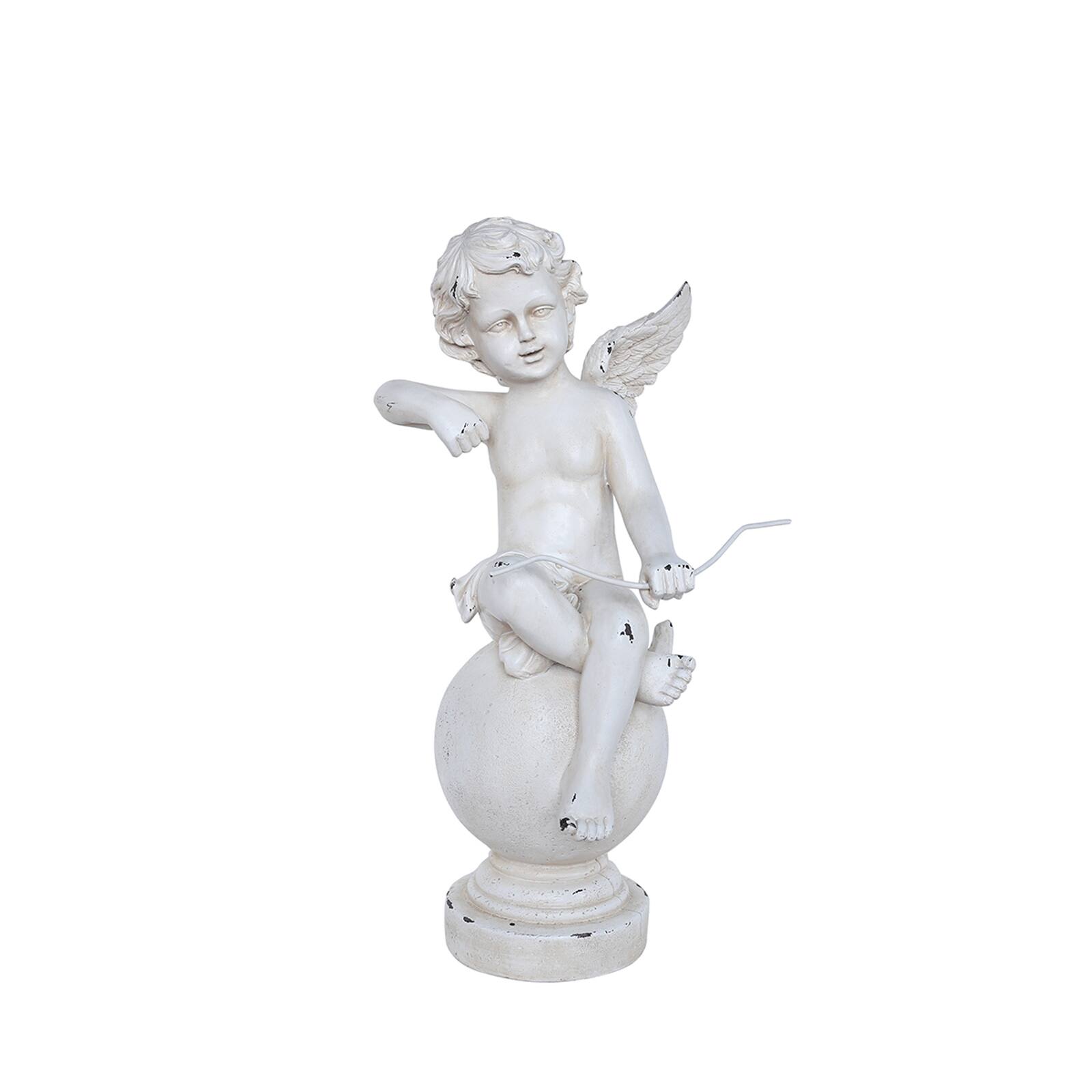 21" Distressed Ivory Cherub Angel with Bow on Spherical Pillar Outdoor Statue